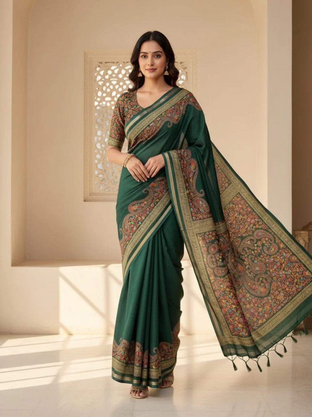 Green Tussar Silk Saree with Classic Paisley Pattern and Refined Traditional Finish
