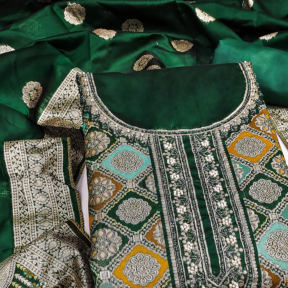 Green Unstitched Dress Material in Zari Woven Jacquard - Image 2