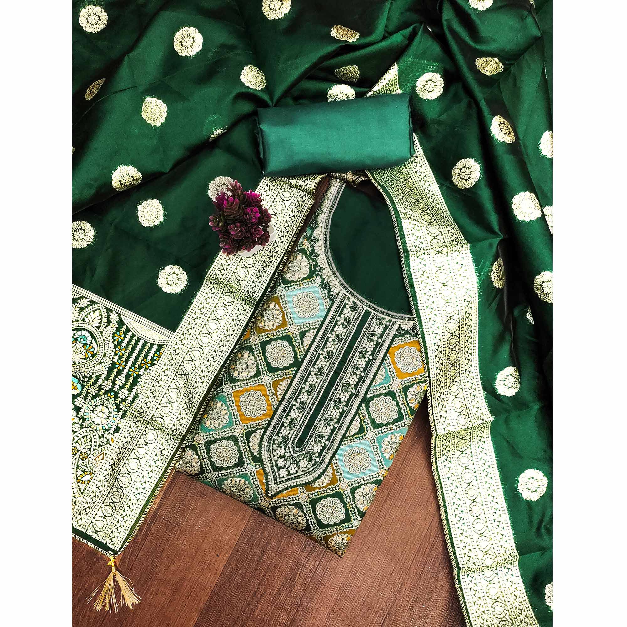 Green Unstitched Dress Material in Zari Woven Jacquard - Image 3