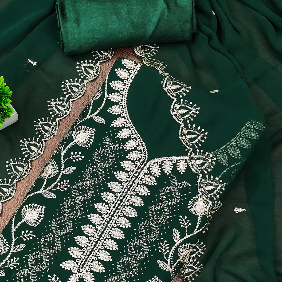 Green Unstitched Georgette Suit Material Accented with Beautiful Thread Embroidery - Image 2