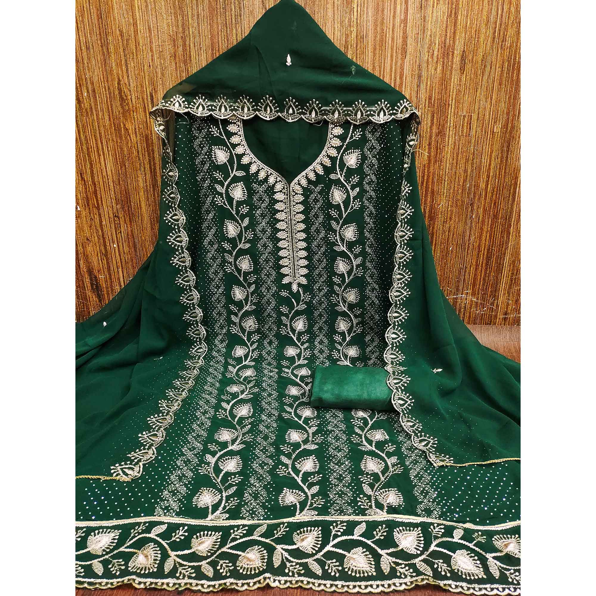 Green Unstitched Georgette Suit Material Accented with Beautiful Thread Embroidery - Image 3