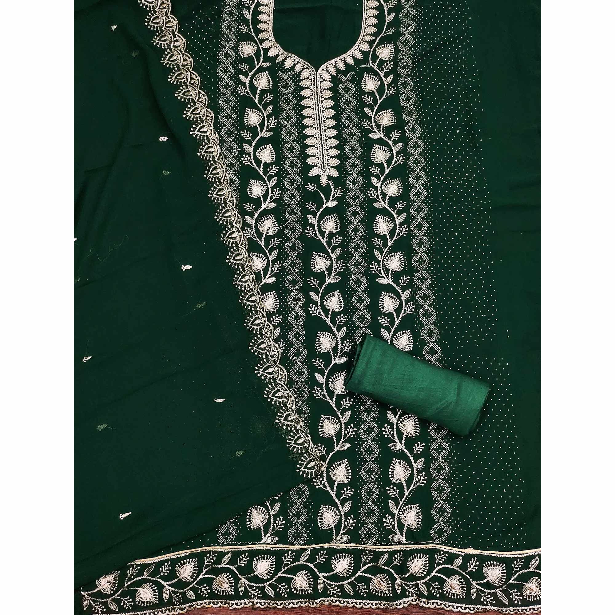 Green Unstitched Georgette Suit Material Accented with Beautiful Thread Embroidery - Image 4