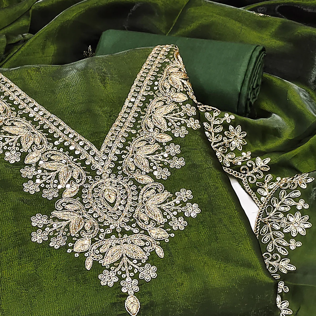 Green Unstitched Organza Suit with Thread Embroidery - Image 2