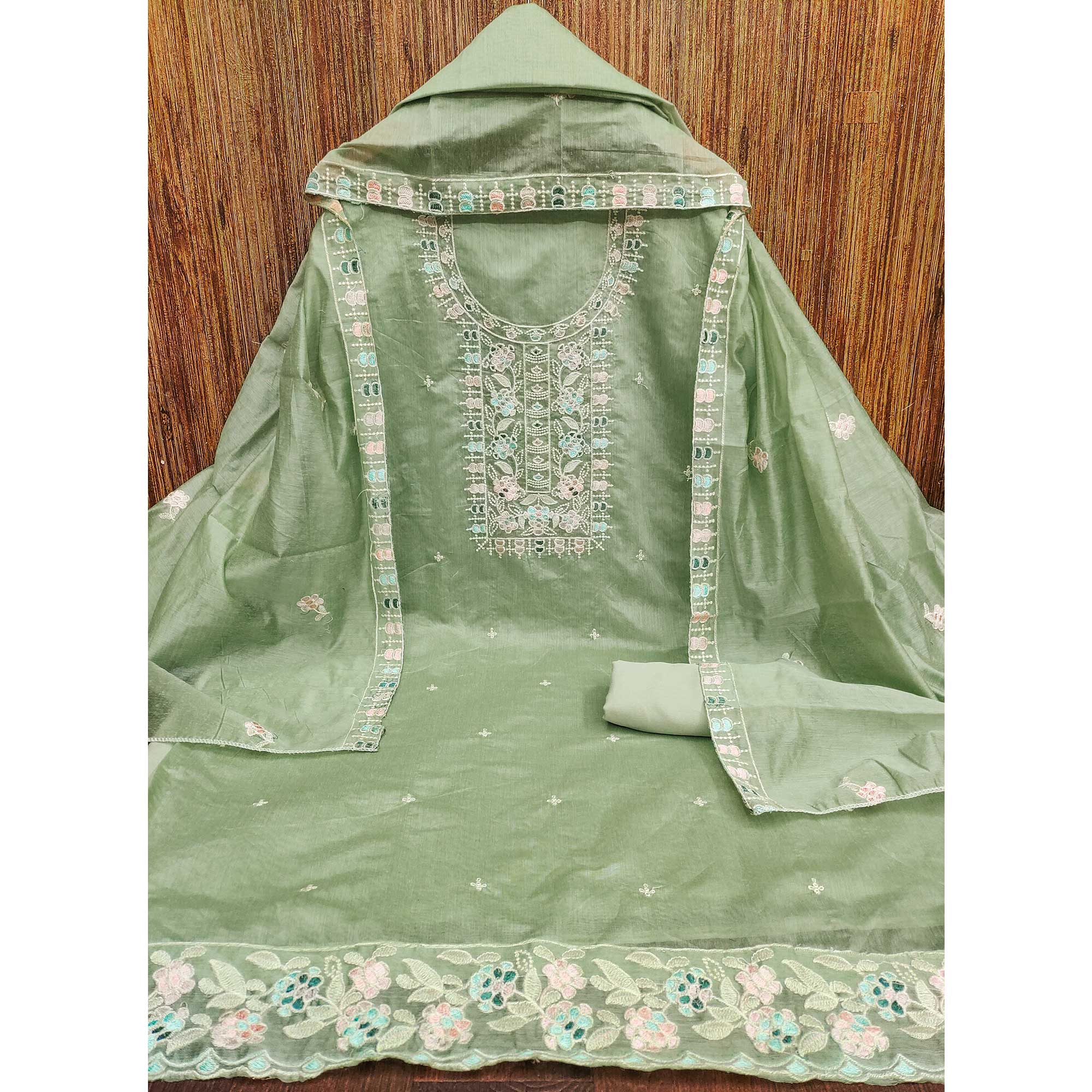 Green Unstitched Suit Material in Premium Floral Thread Embroidered Chanderi Silk - Image 3