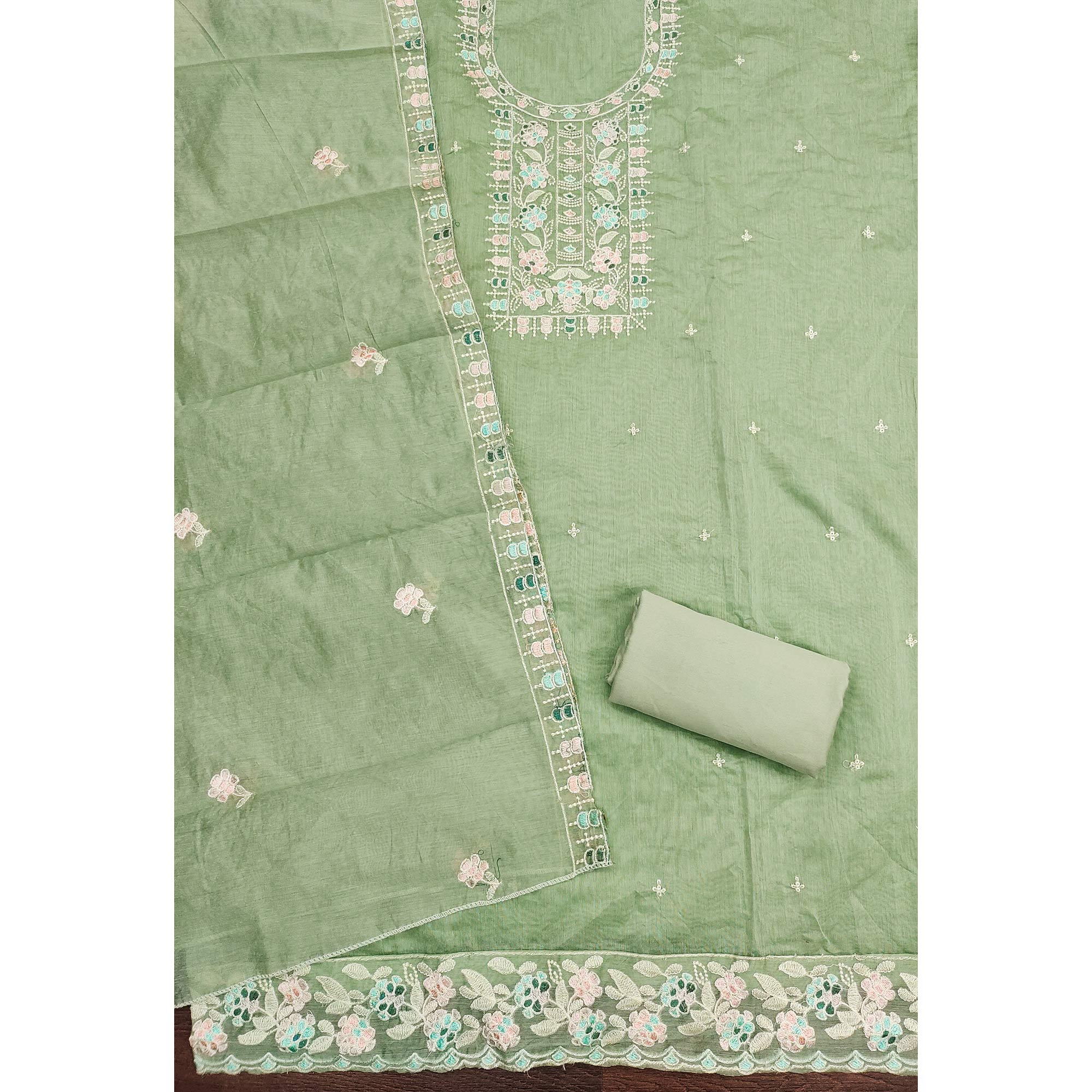 Green Unstitched Suit Material in Premium Floral Thread Embroidered Chanderi Silk - Image 4