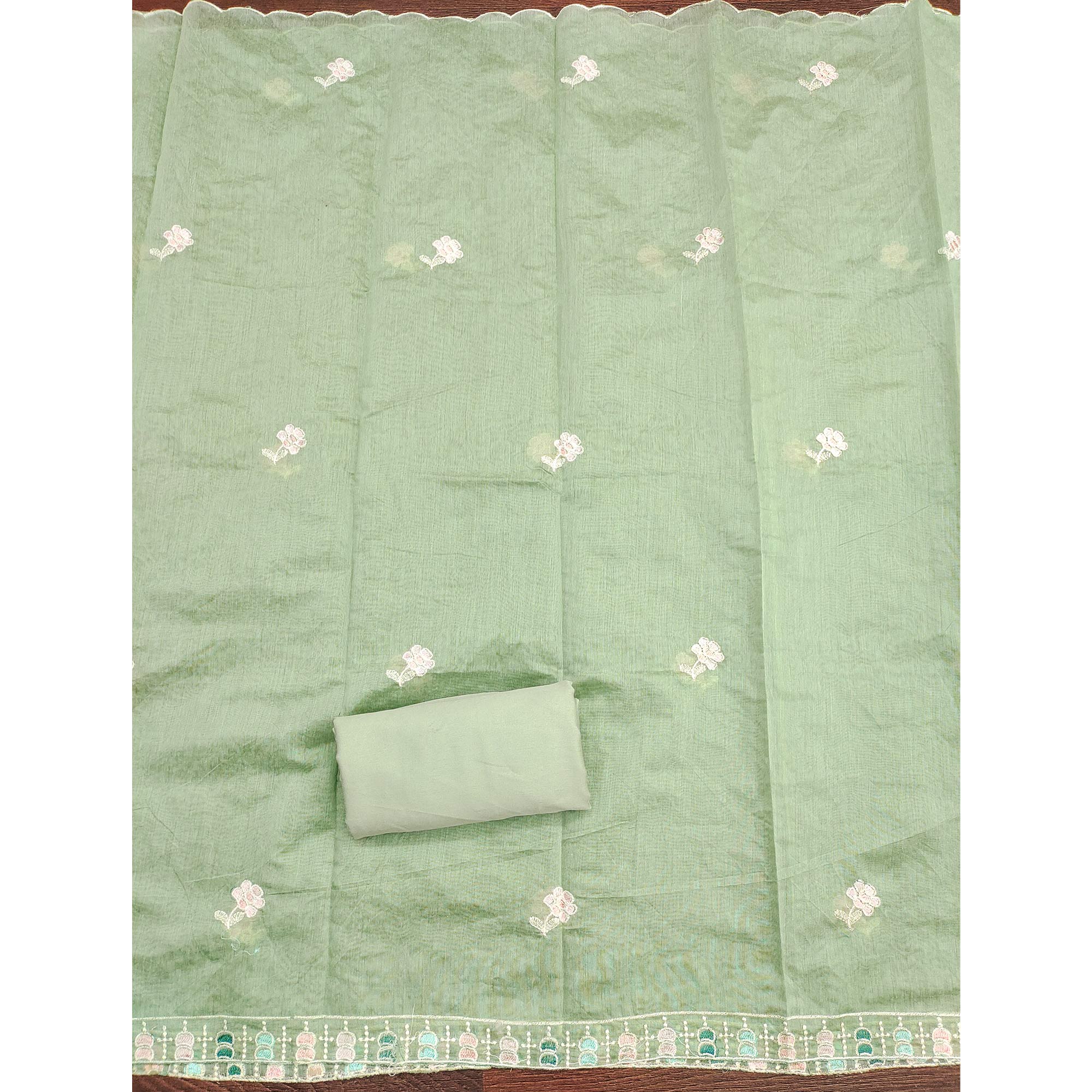 Green Unstitched Suit Material in Premium Floral Thread Embroidered Chanderi Silk - Image 5