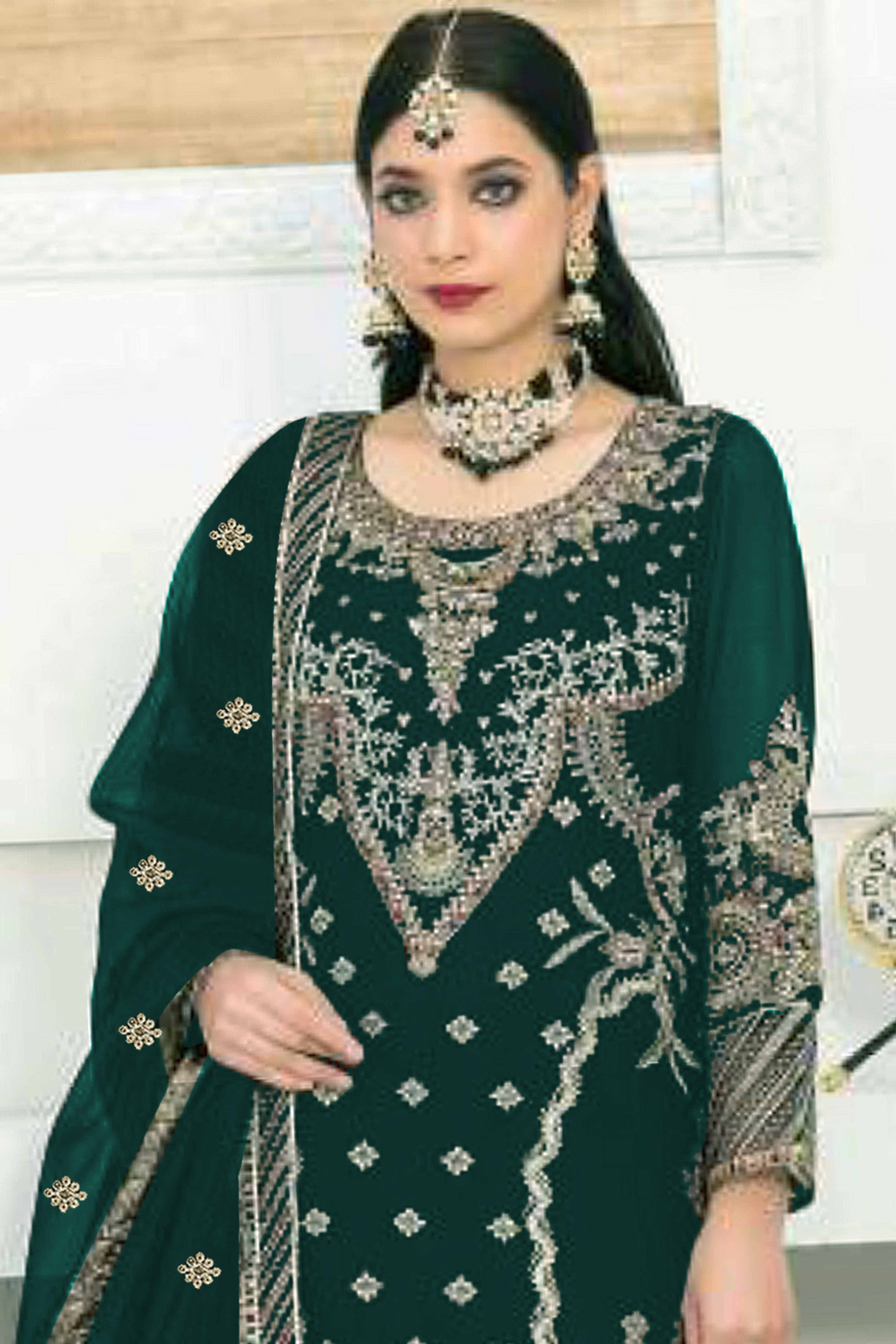Green Velvet Dress Material Adorned with Sequins & Thread Embroidery - Image 3