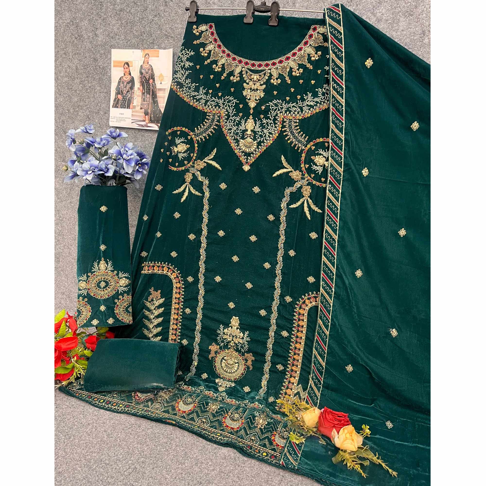 Green Velvet Dress Material Adorned with Sequins & Thread Embroidery - Image 4