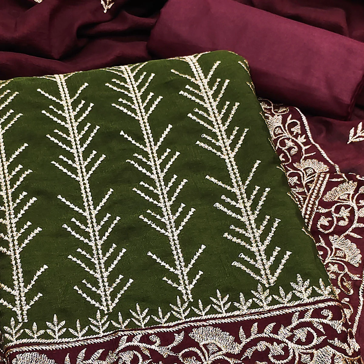 Green Vichitra Silk Dress Material Featuring Graceful Floral Embroidery Work - Image 2