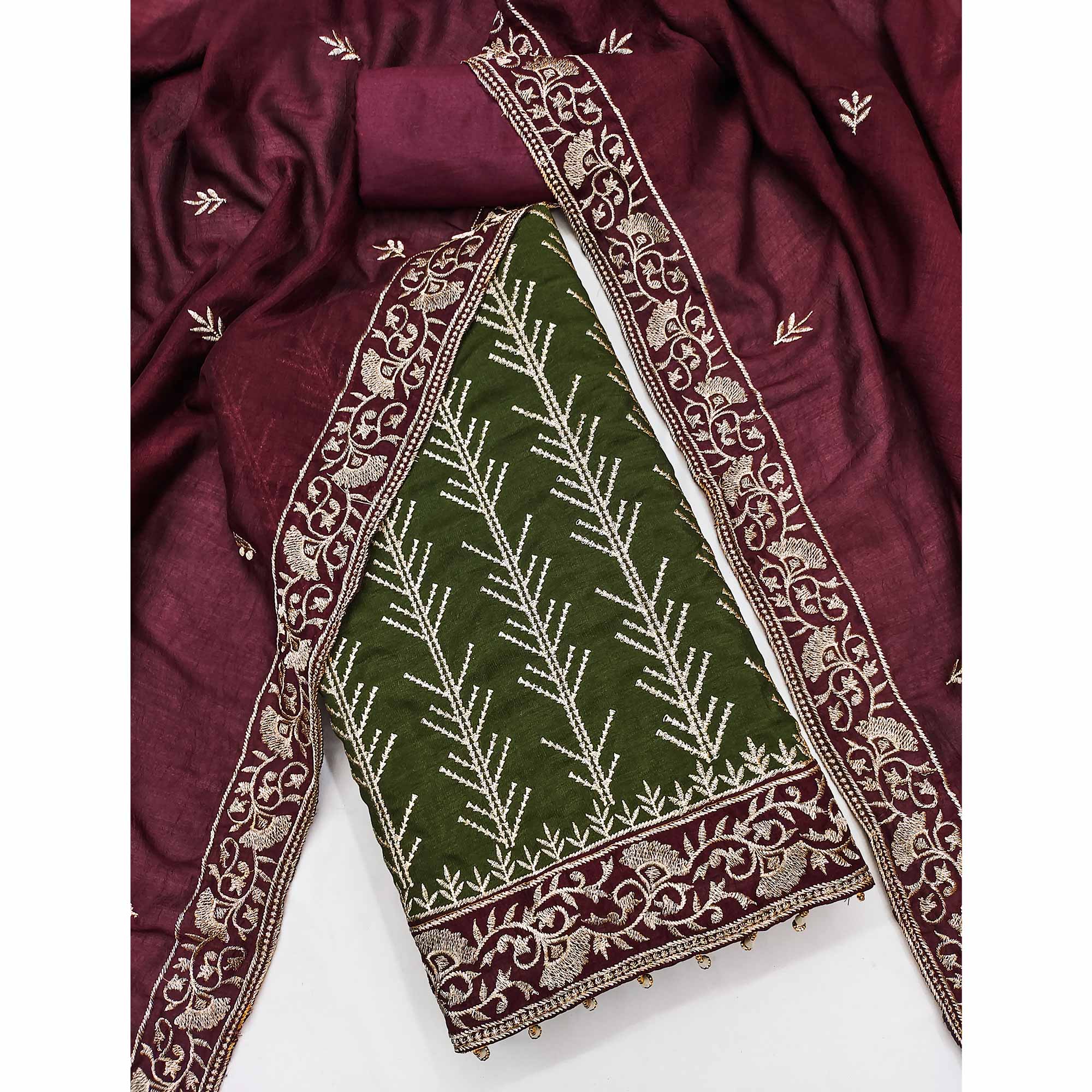 Green Vichitra Silk Dress Material Featuring Graceful Floral Embroidery Work - Image 3