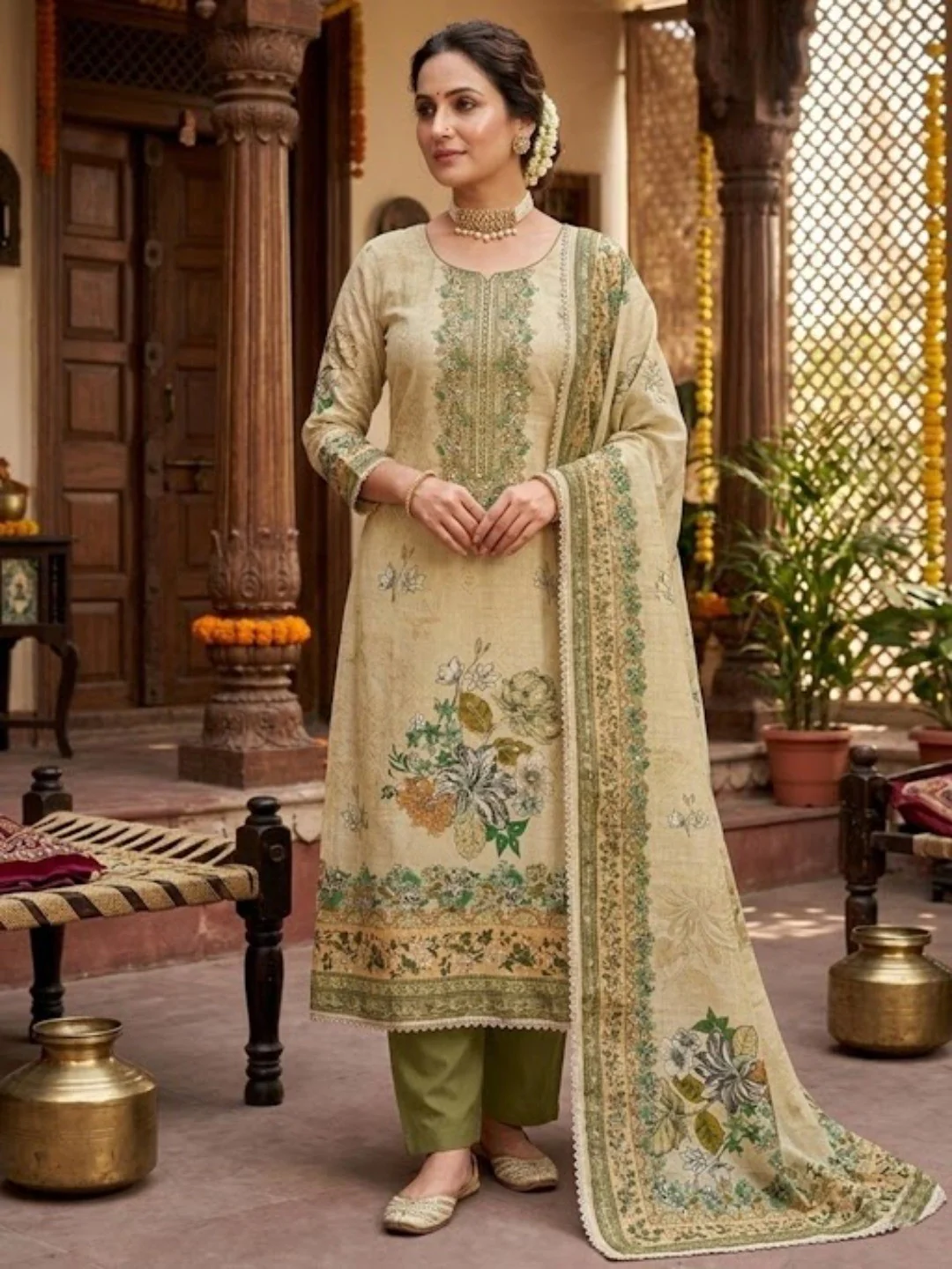 Green Viscose Digital Print Unstitched Dress Material