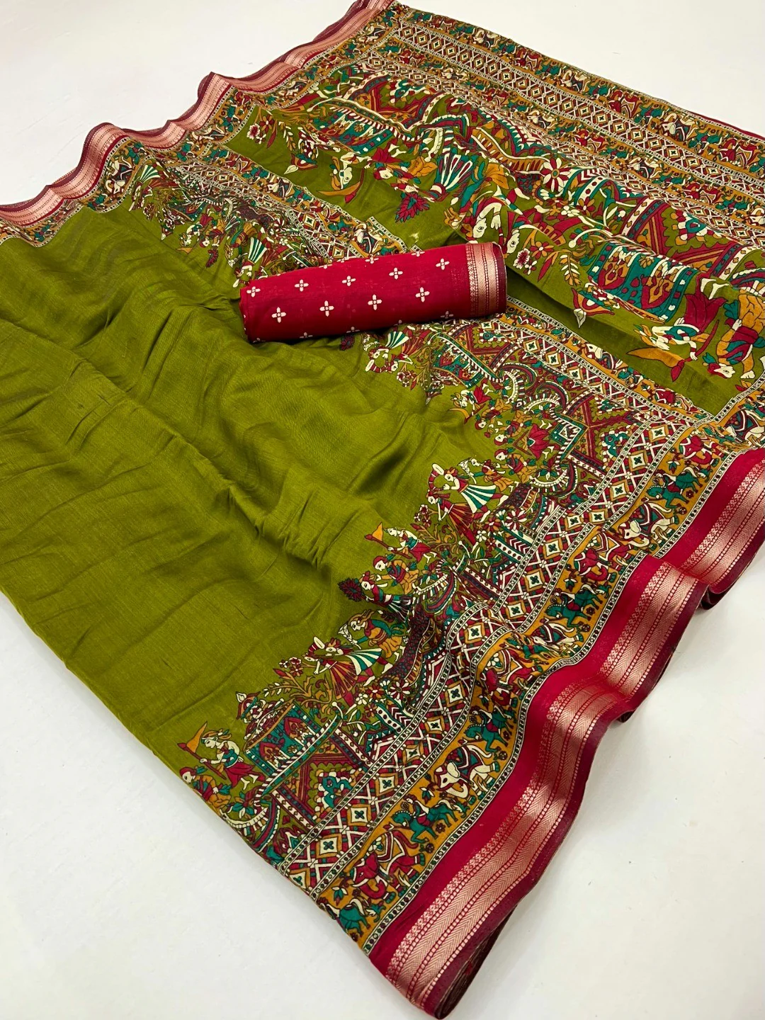 Green Viscose Saree with Kalamkari Print and Jari Border and Fine Finish - Image 2