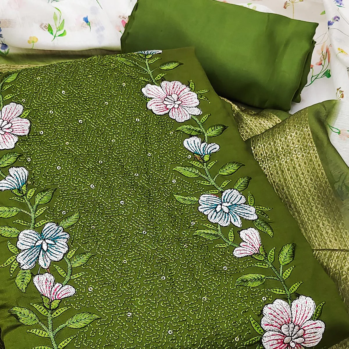 Green Viscose Dress Material with Intricate Floral Embroidery - Image 2
