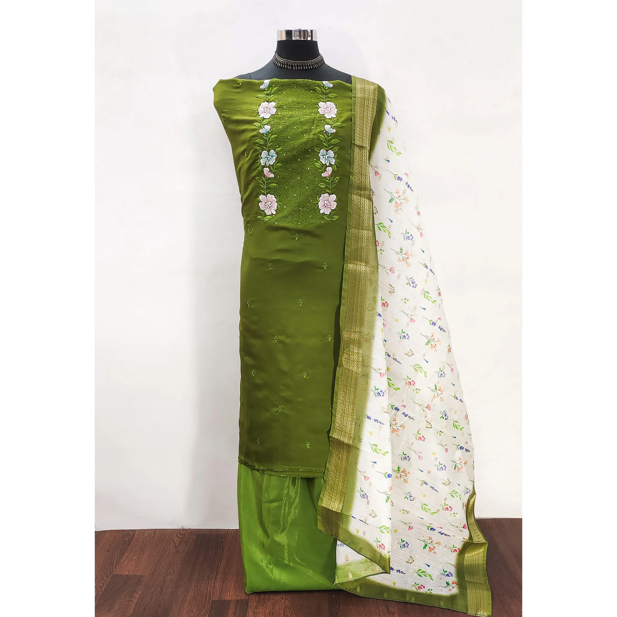 Green Viscose Dress Material with Intricate Floral Embroidery - Image 3