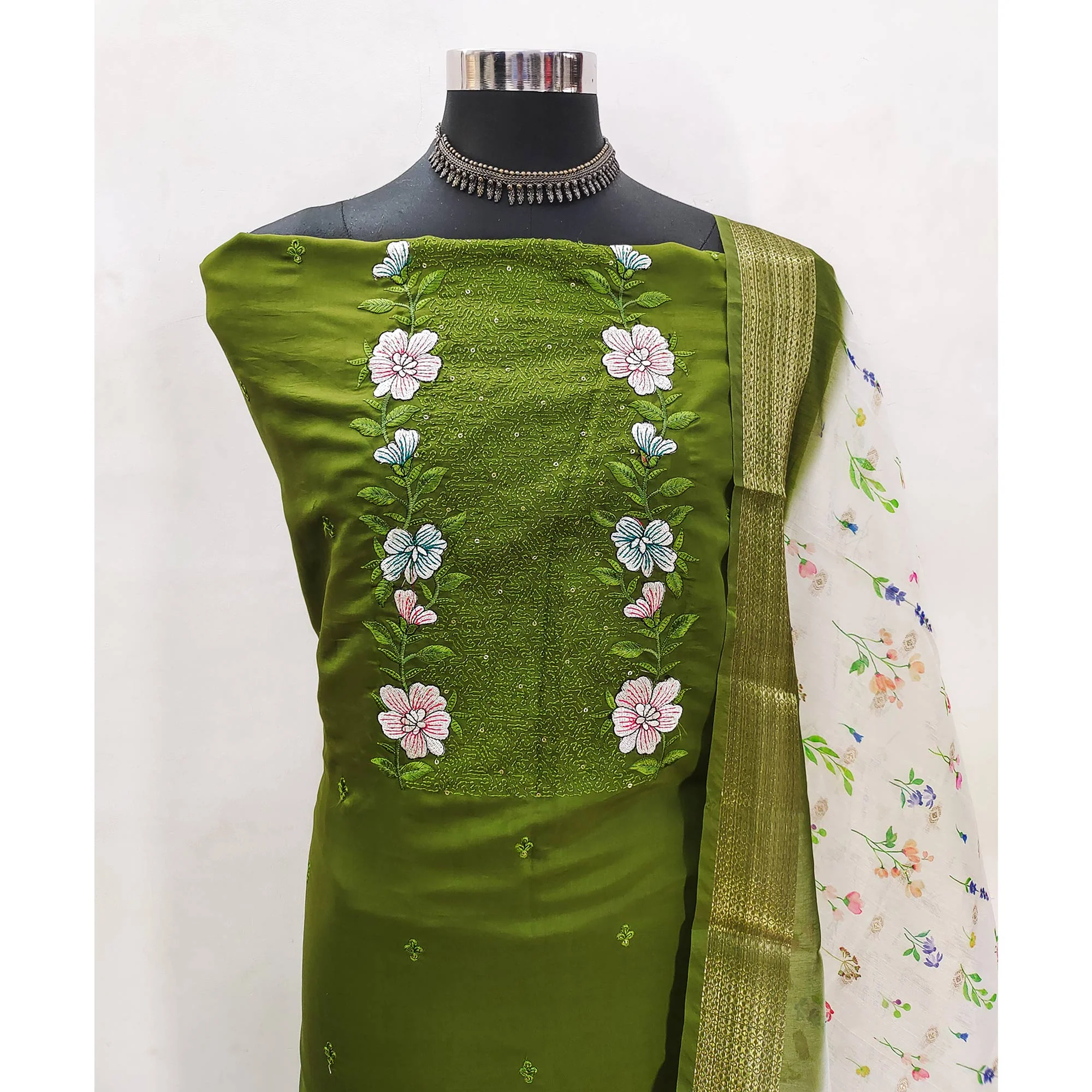 Green Viscose Dress Material with Intricate Floral Embroidery - Image 4