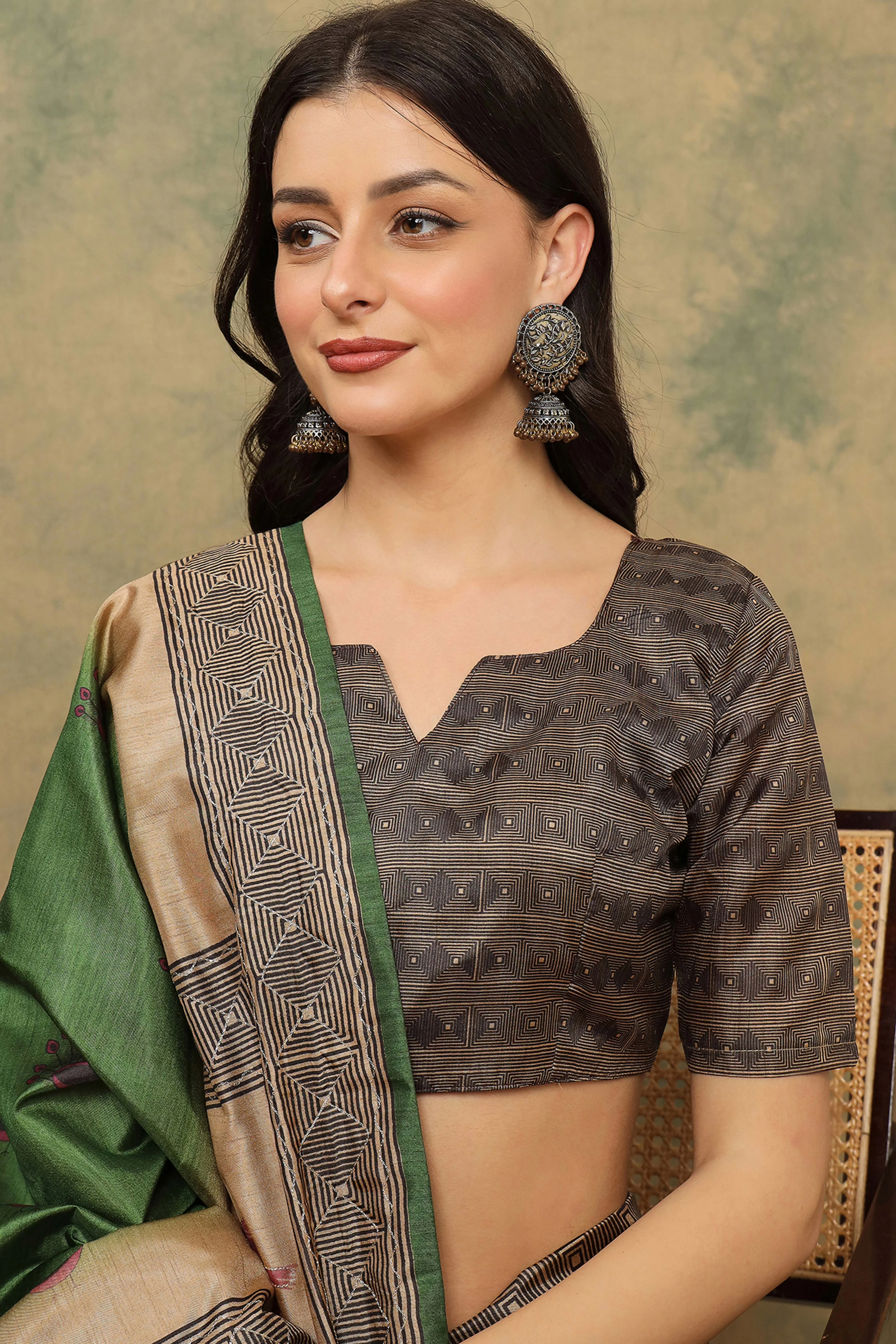 Green Warli Folk Art Printed Cotton Silk Saree Flowy Drape Festive Wear - Image 7