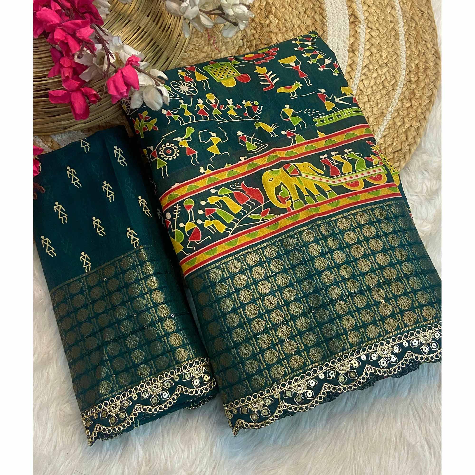 Green Warli Printed Dola Silk Saree With Sequins Border - Image 3
