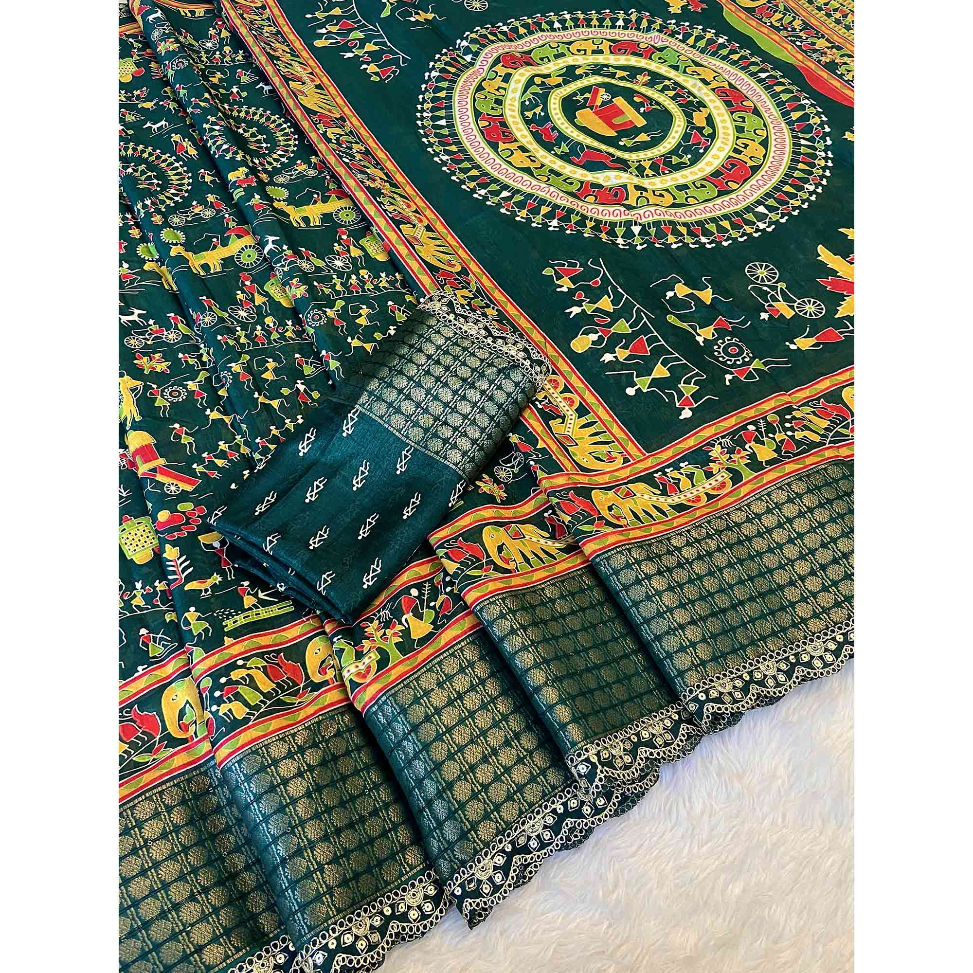 Green Warli Printed Dola Silk Saree With Sequins Border - Image 4