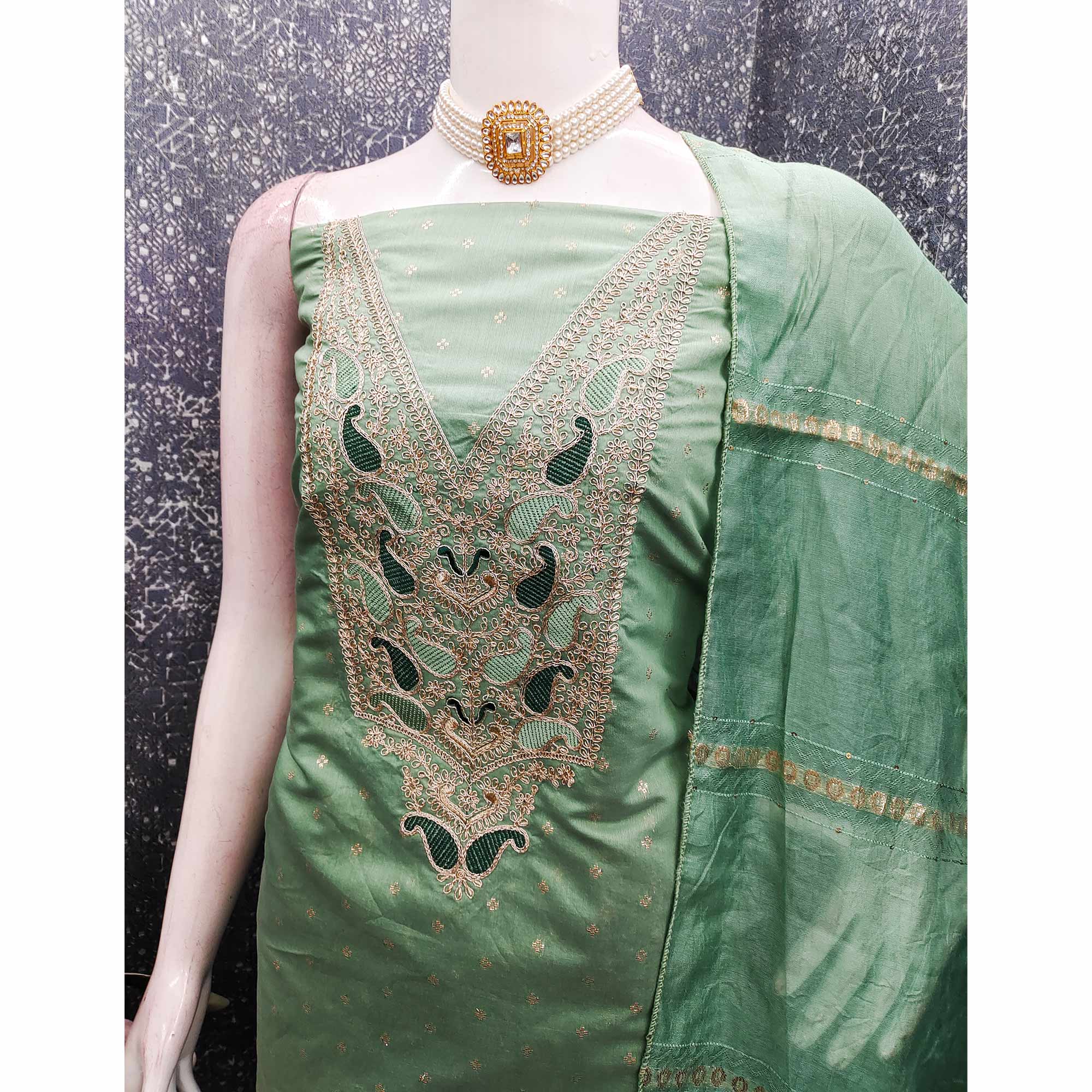 Green Weaving Chanderi Silk Dress Material Adorned With Cording Embroidery & Sequins Work - Image 4