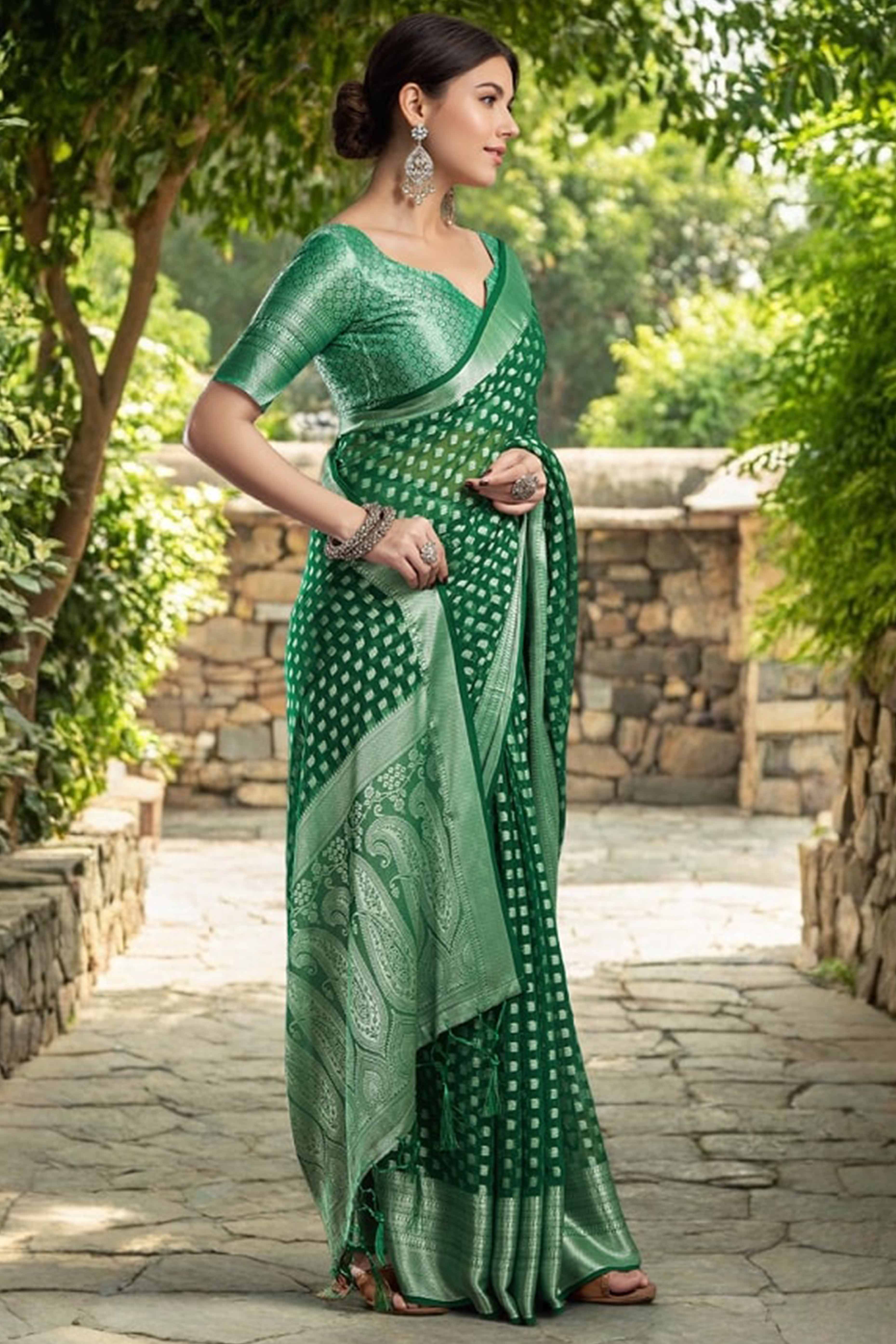 Green Weaving Jacquard Georgette Saree Featuring Ornamental Pallu Design - Image 3
