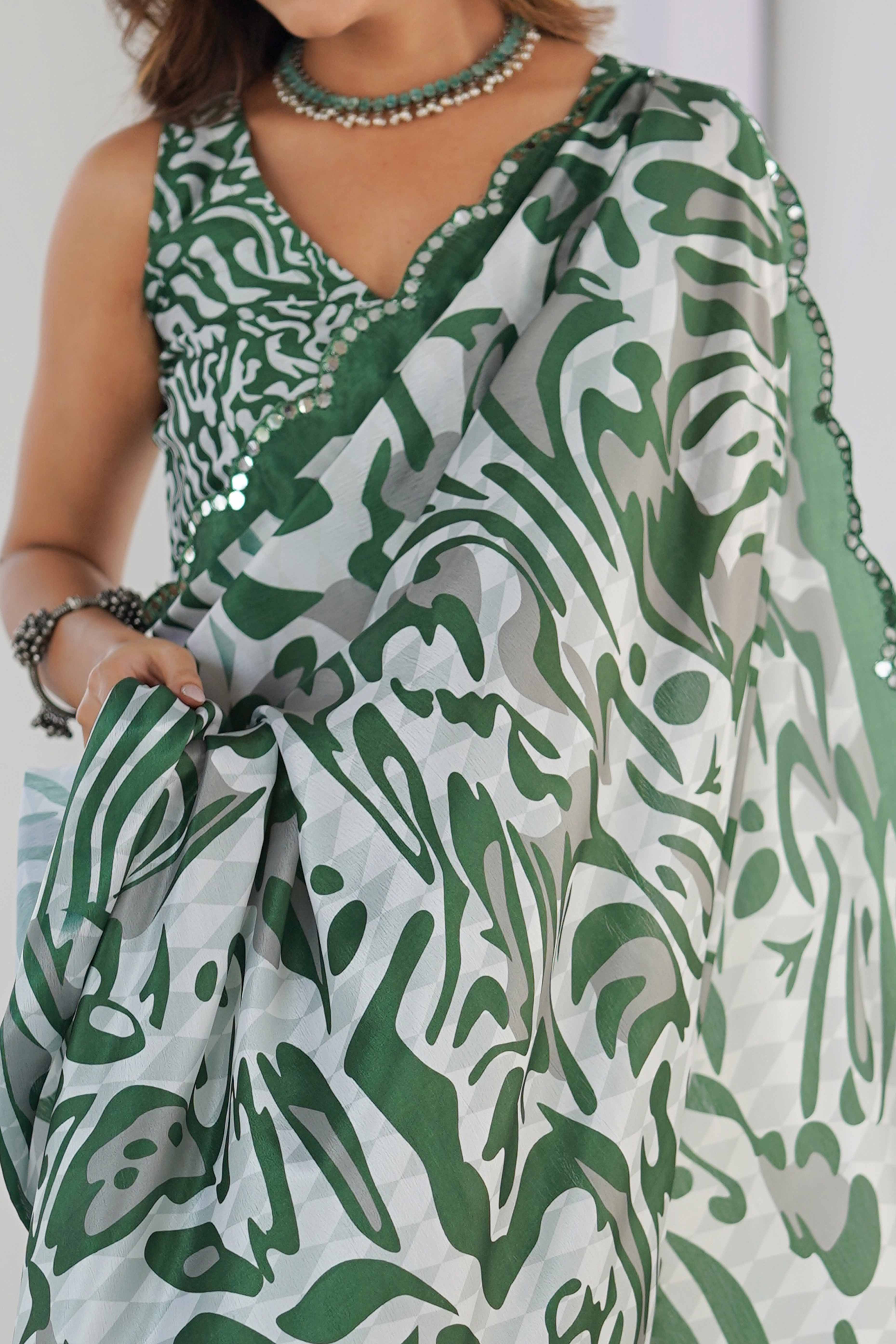 Green & White Chinon Saree with Glimmering Kutchi Mirror Work and Print - Image 2