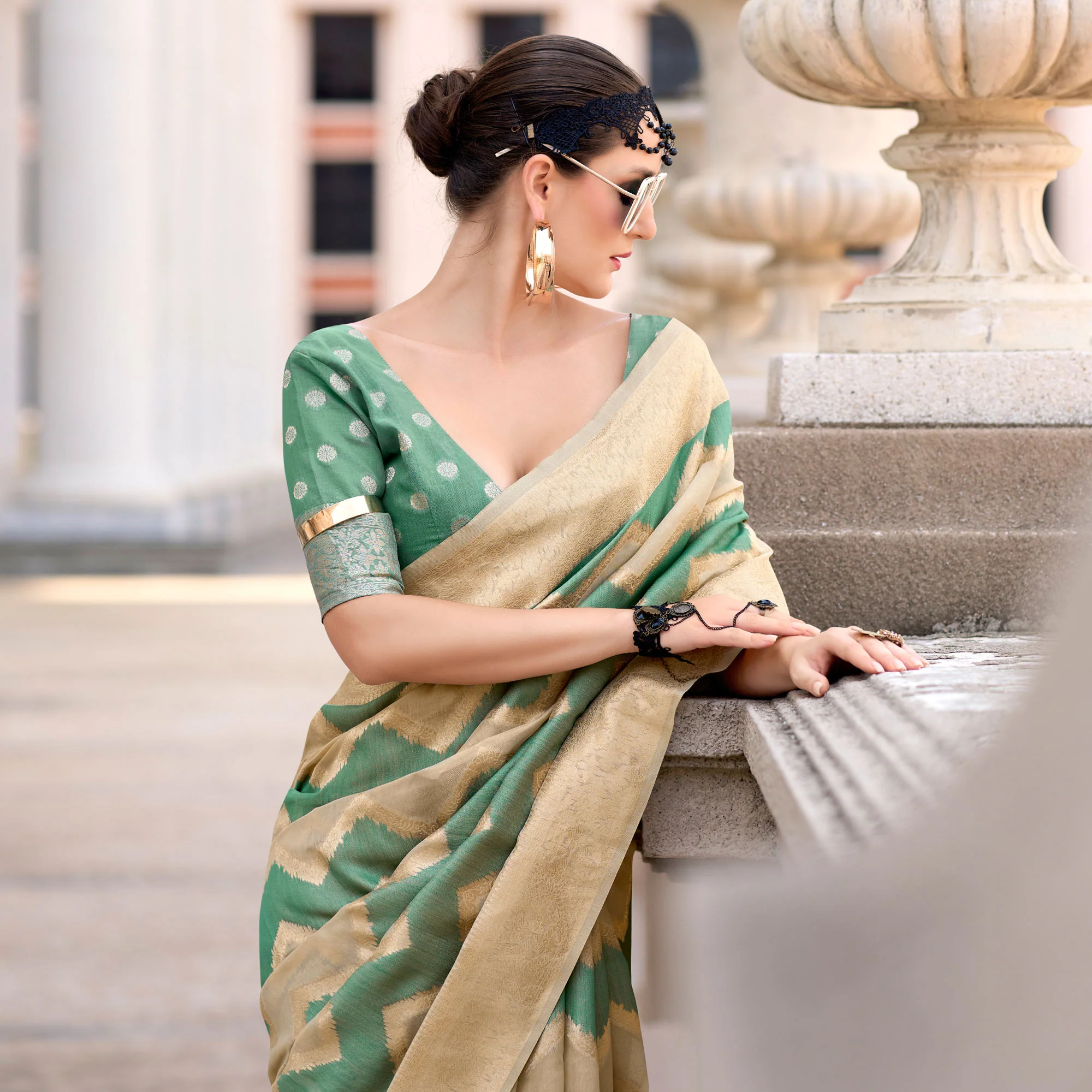 Green Woven Cotton Silk Saree - Image 3