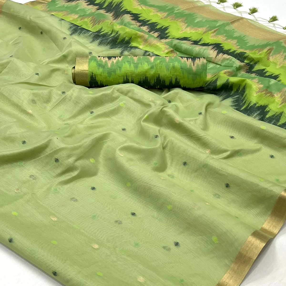 Green Woven Cotton Silk Saree - Image 2
