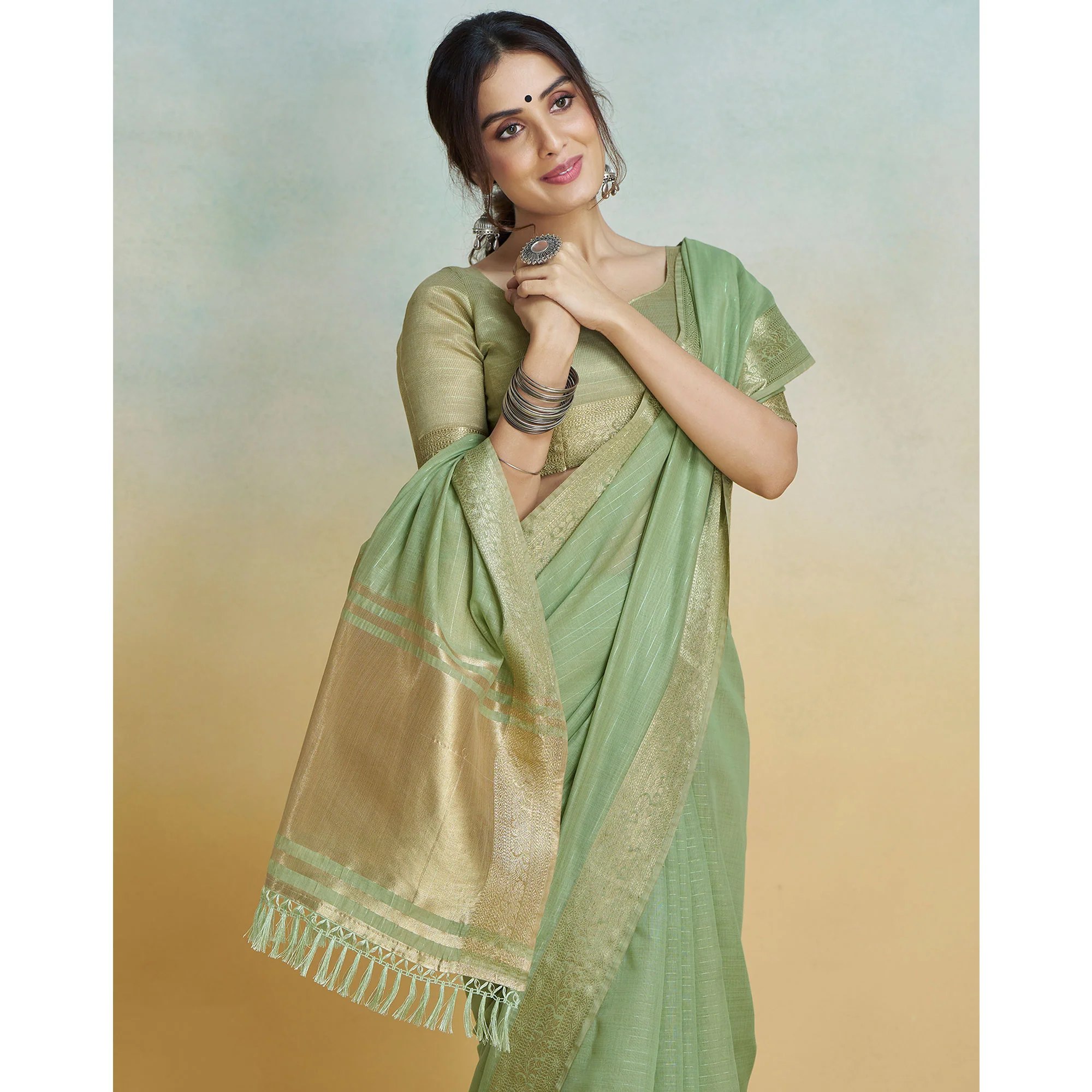 Green Woven Cotton Silk Saree With Tassels - Image 6