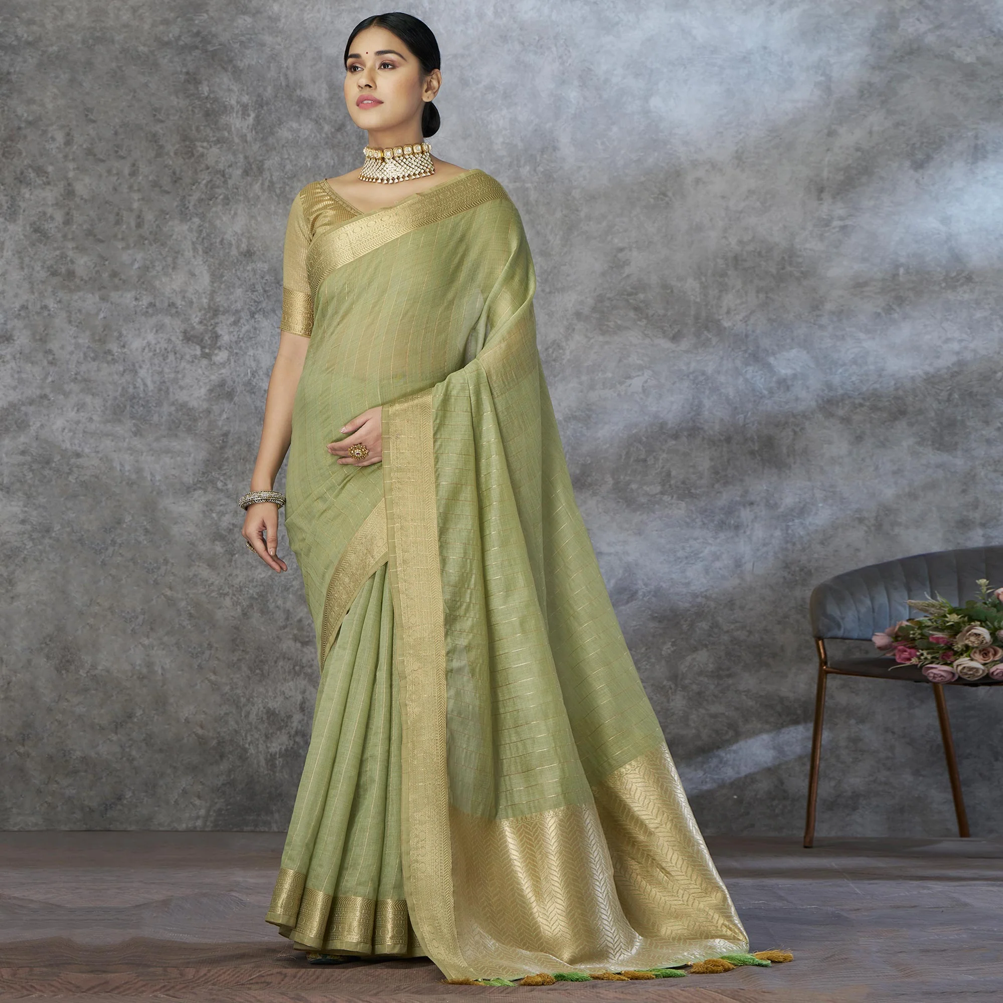 Green Woven Cotton Silk Saree With Tassels - Image 2
