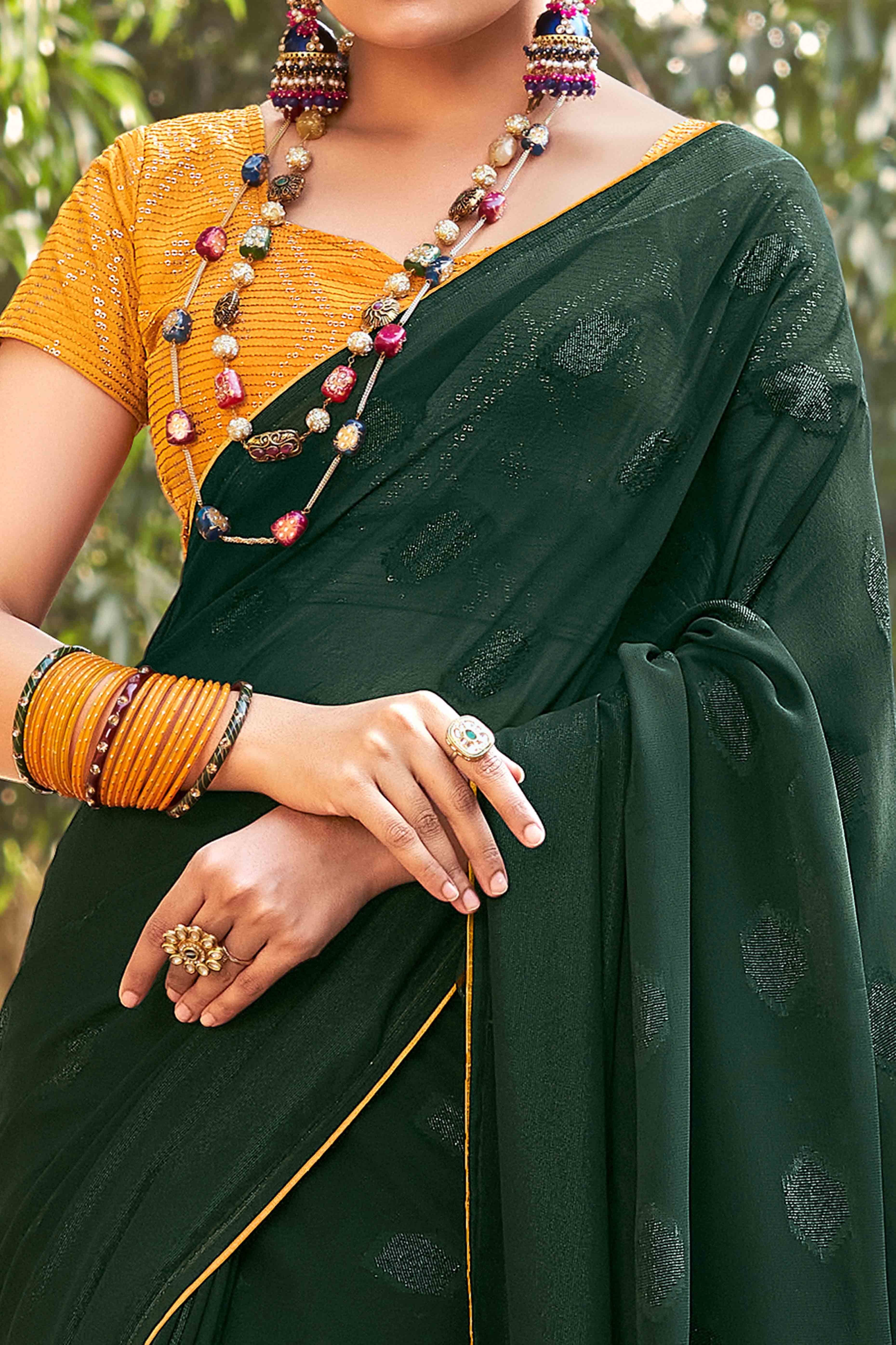 Green Woven Georgette Saree With Tassels - Image 2