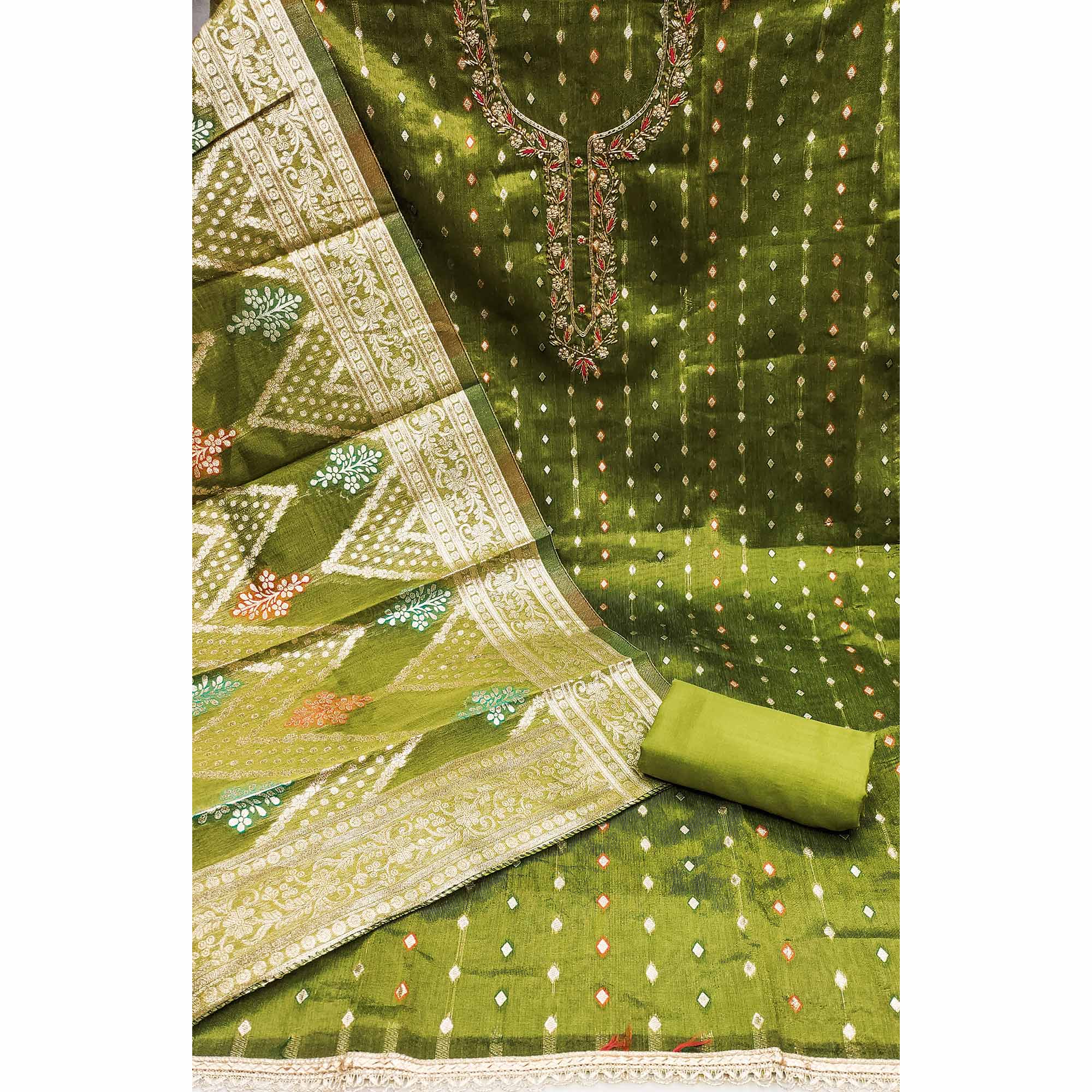 Green Woven Jacquard Dress Material - Image 3