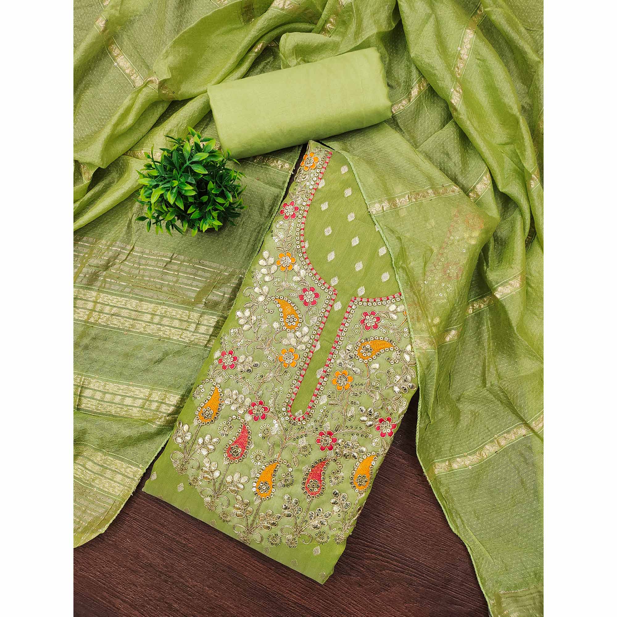 Green Woven Shimmer Dress Material Featuring Sequins Embroidery & Gota Patti Accents - Image 3