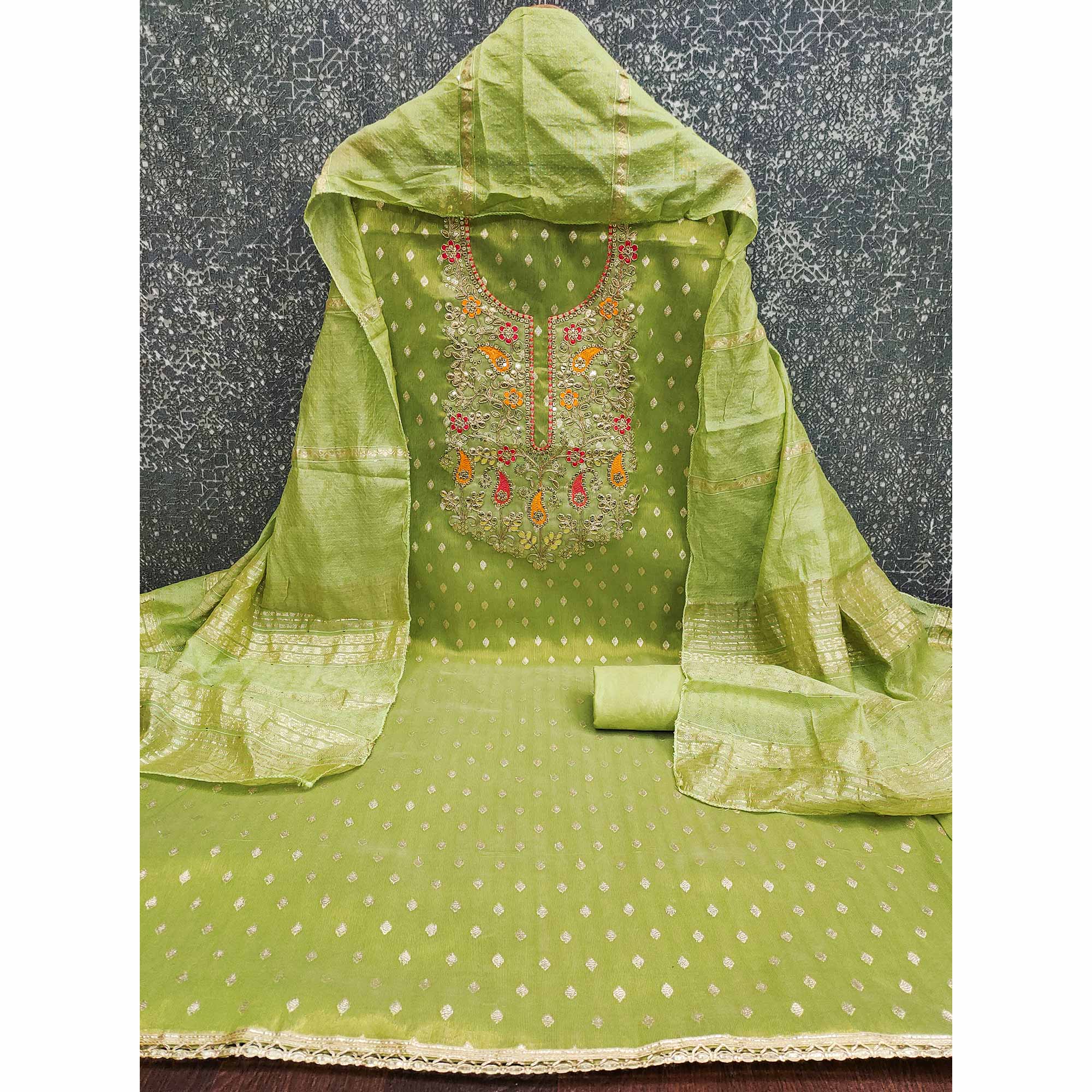 Green Woven Shimmer Dress Material Featuring Sequins Embroidery & Gota Patti Accents - Image 4