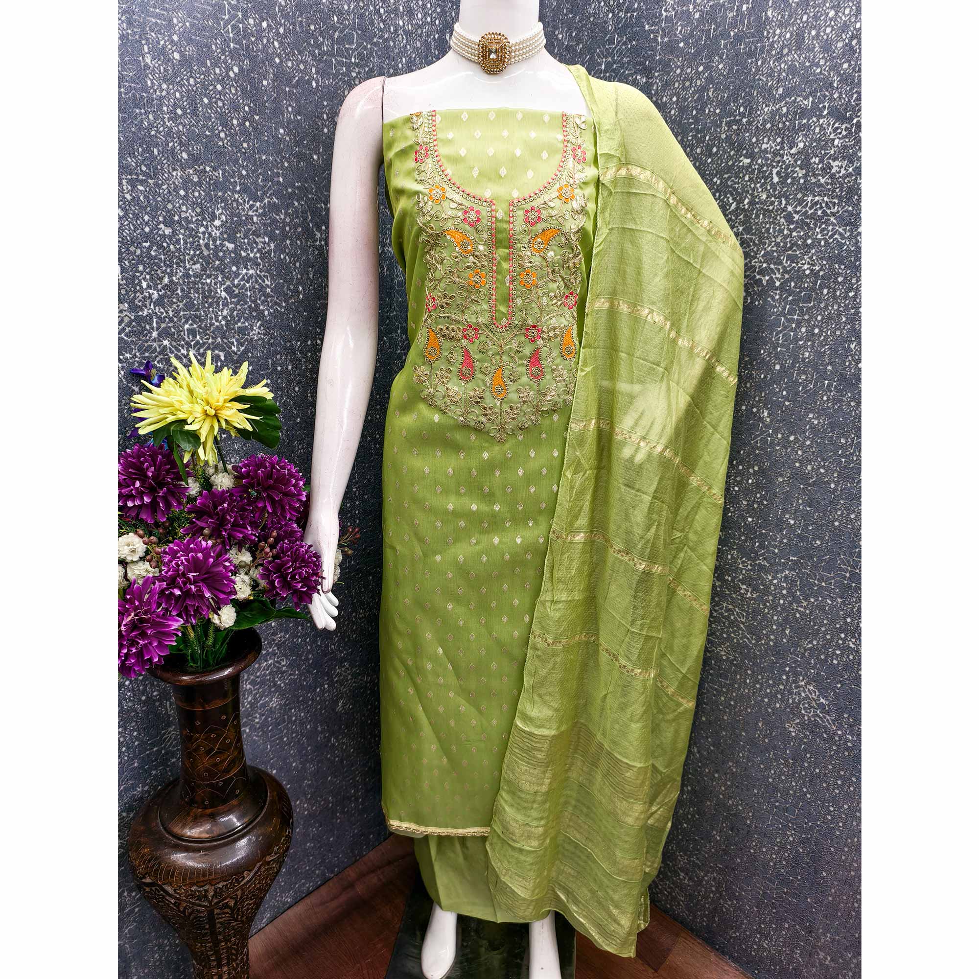 Green Woven Shimmer Dress Material Featuring Sequins Embroidery & Gota Patti Accents - Image 5