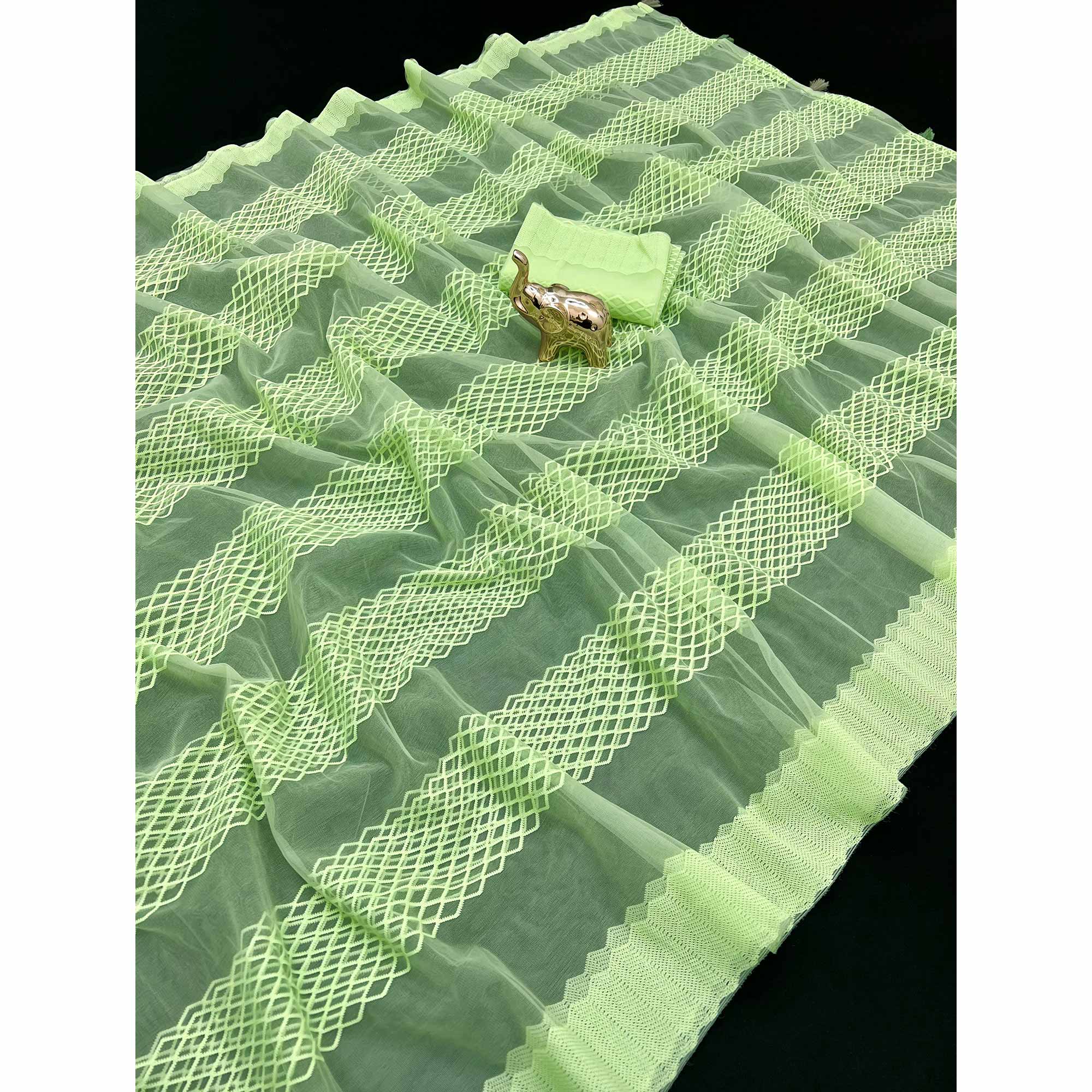 Green Woven Thread Work Net Saree With Tassels - Image 3