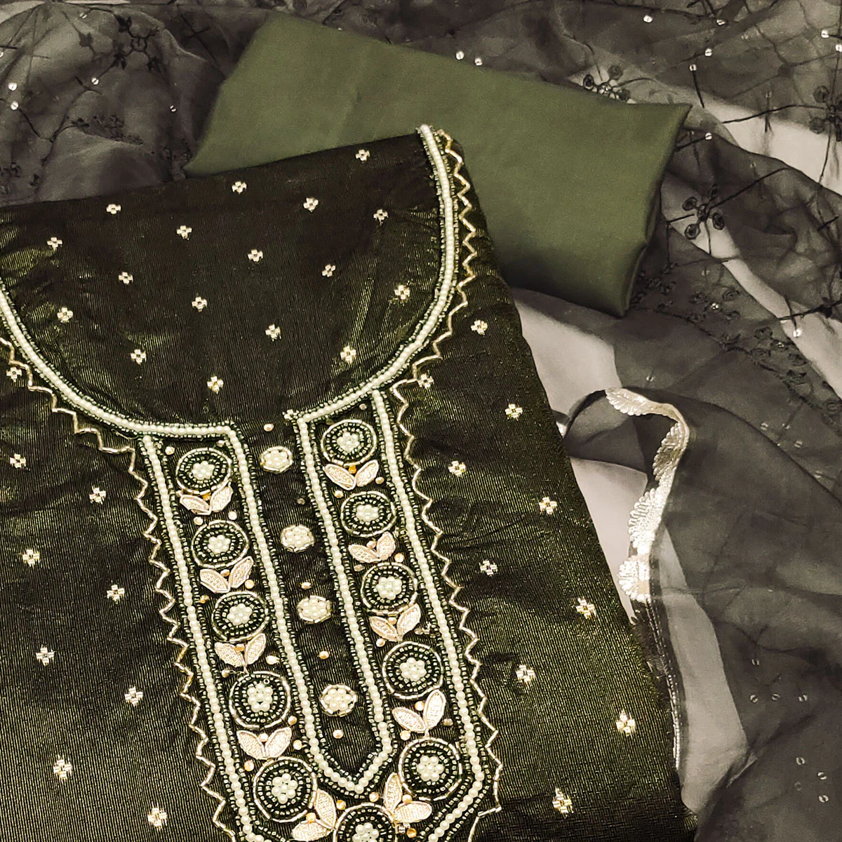 Green Woven With Handwork Organza Dress Material - Image 2