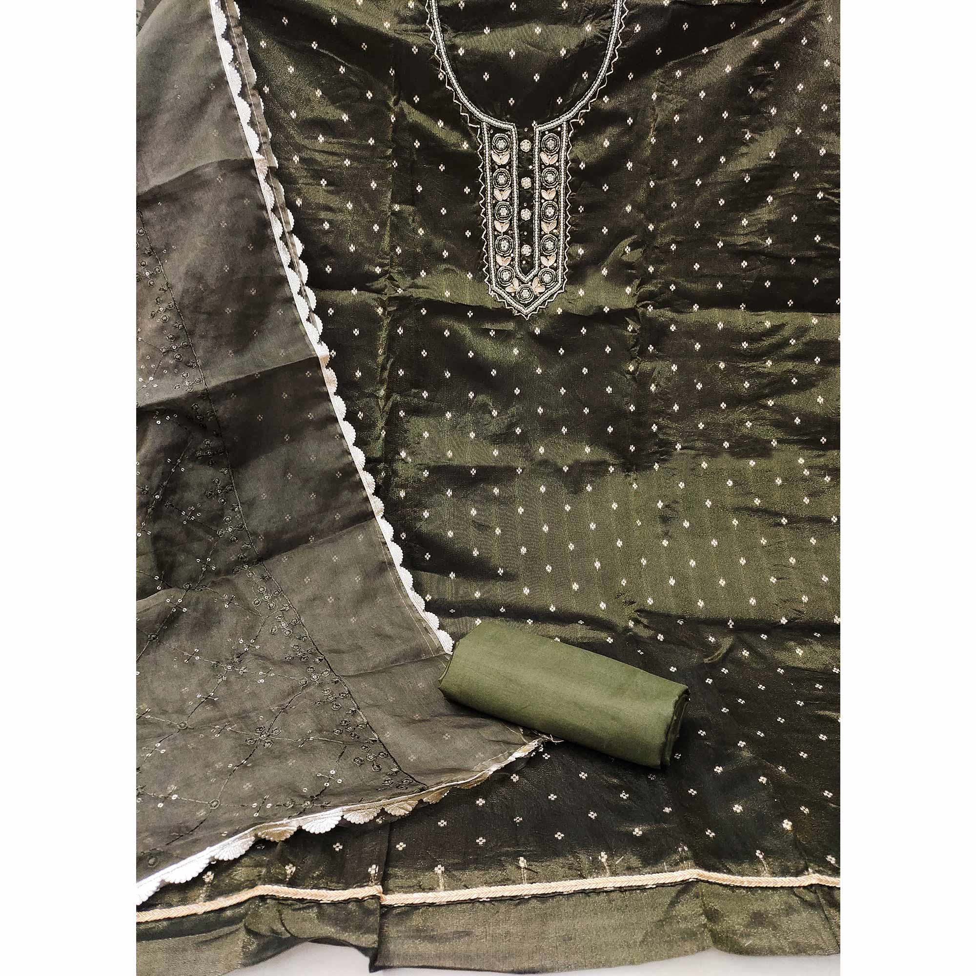 Green Woven With Handwork Organza Dress Material - Image 4