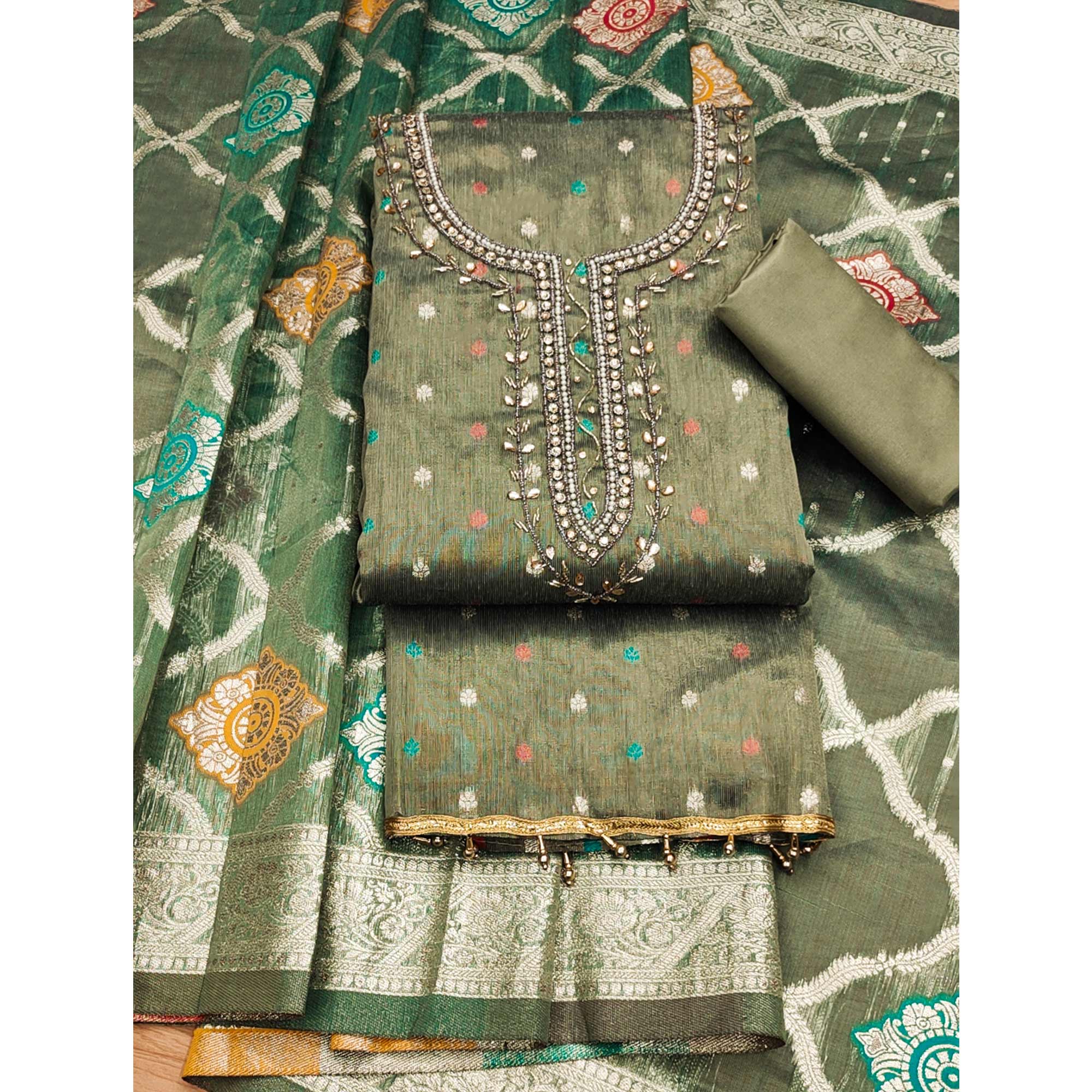 Green Woven With Handwork Simmer Jacquard Dress Material - Image 3