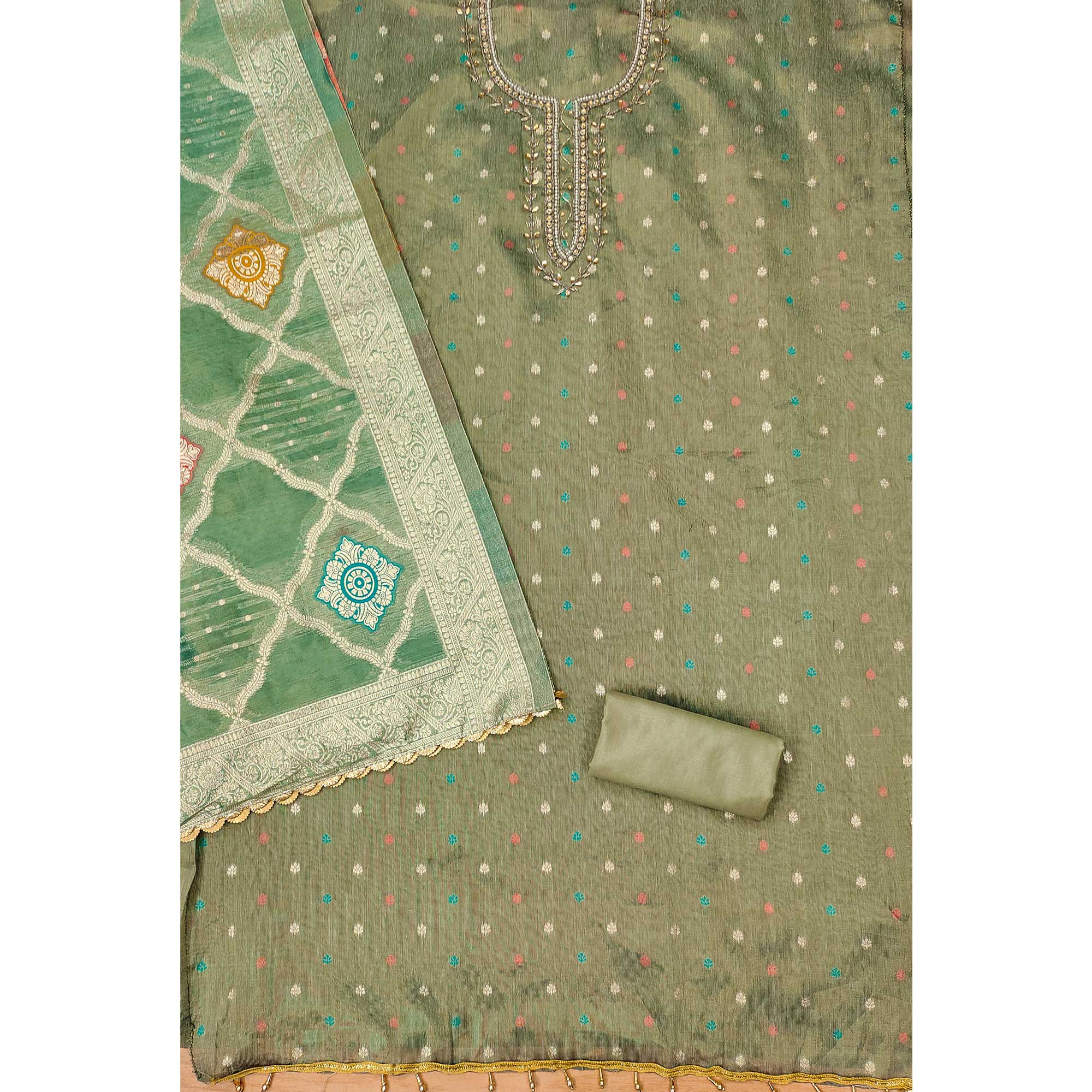 Green Woven With Handwork Simmer Jacquard Dress Material - Image 4