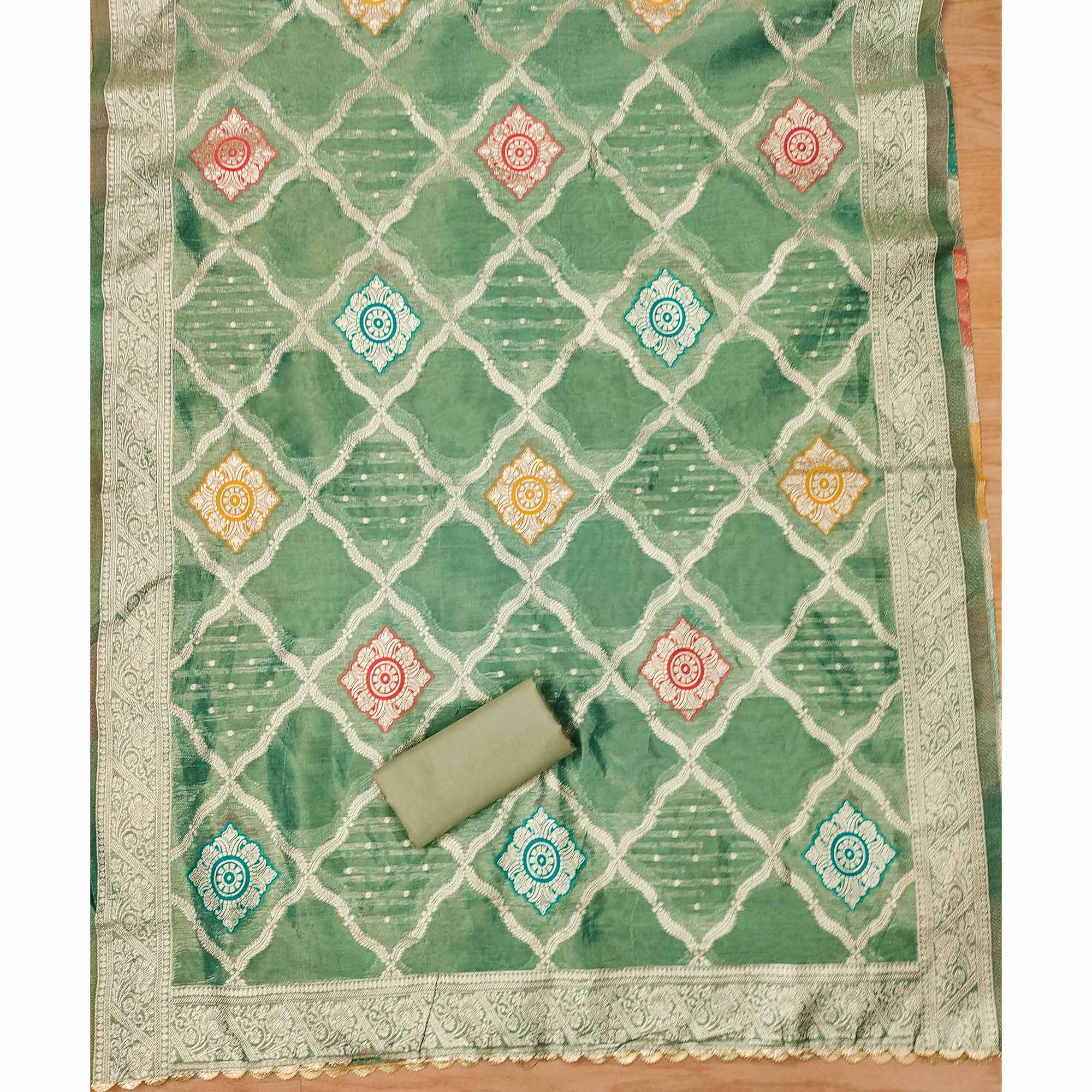 Green Woven With Handwork Simmer Jacquard Dress Material - Image 5