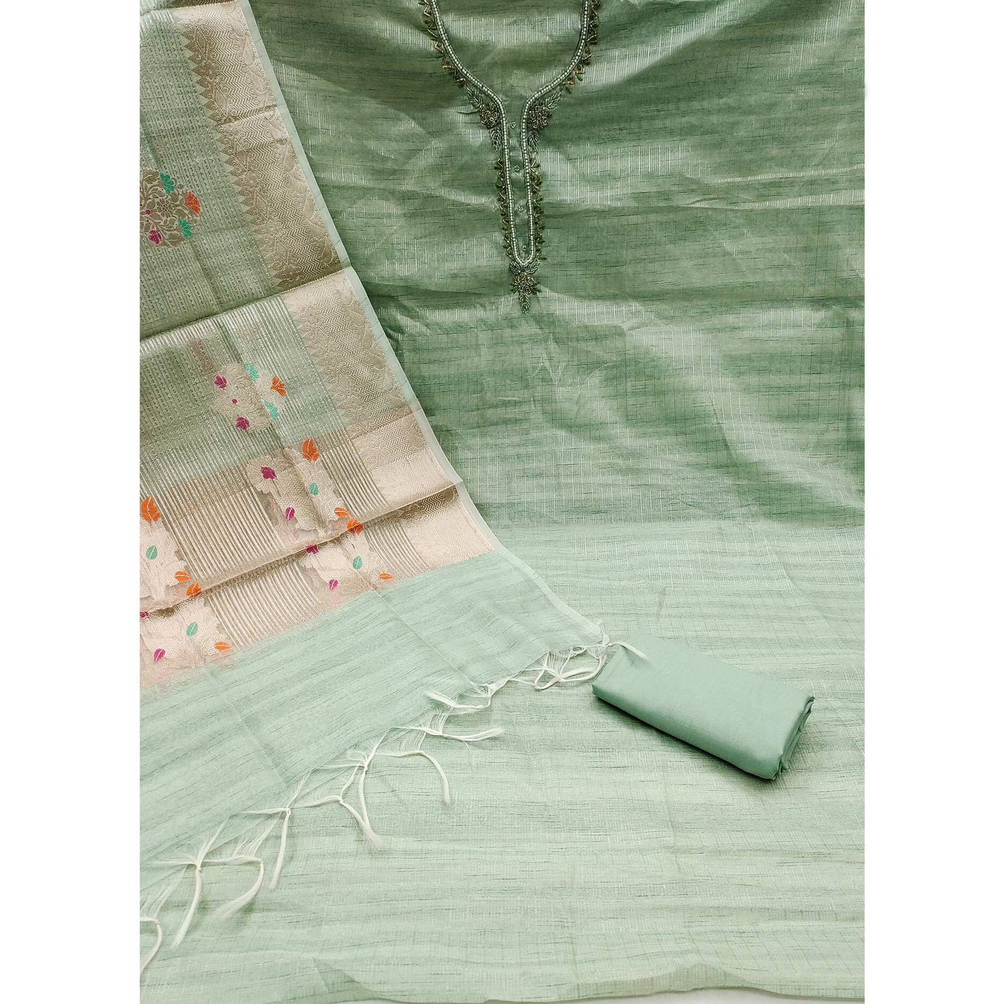 Green Woven With Handwork Tissue Dress Material - Image 3