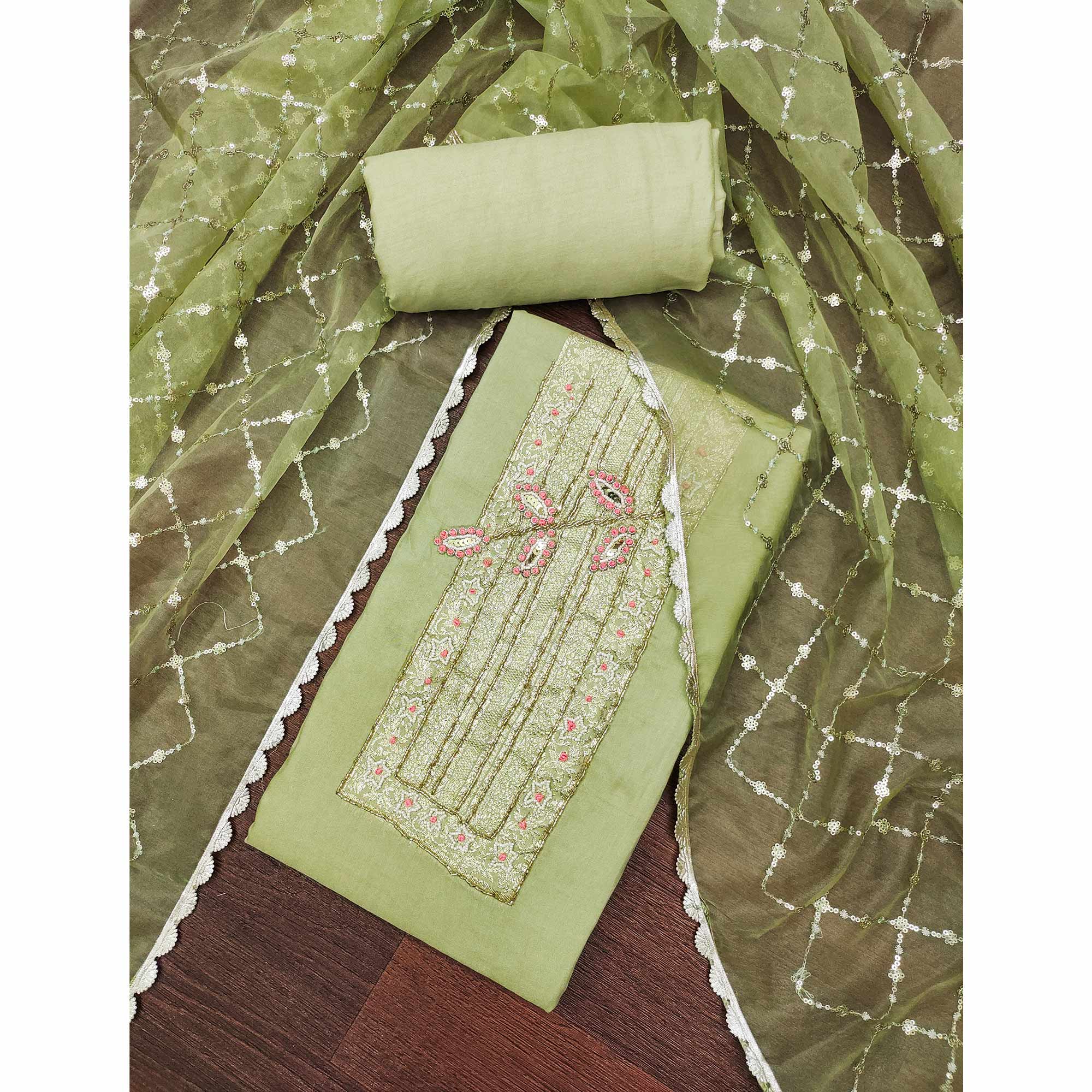 Green Woven With Intricate Moti Handwork Banarasi Cotton Dress Material - Image 3