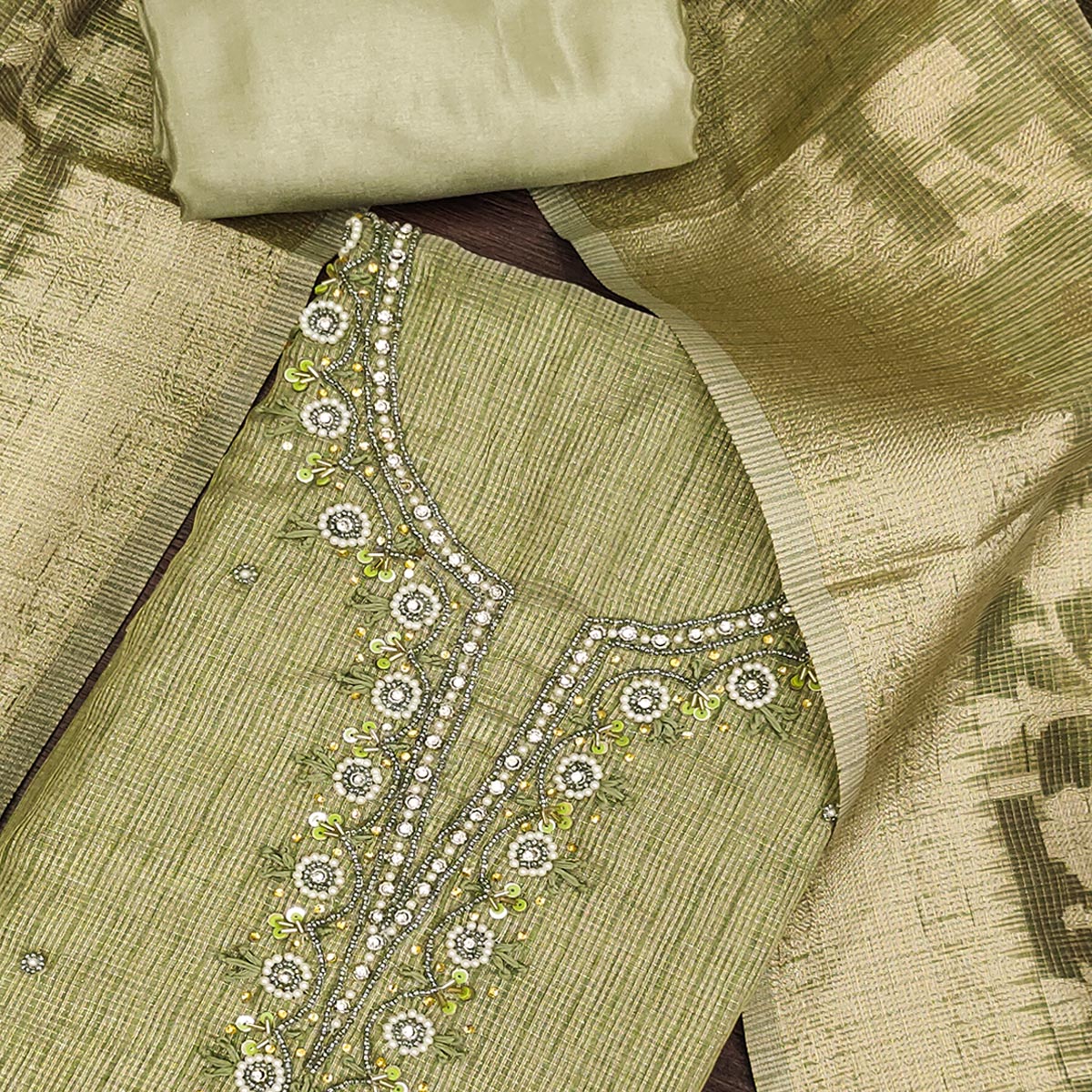 Green Woven With Moti Handwork Viscose Dress Material - Image 2
