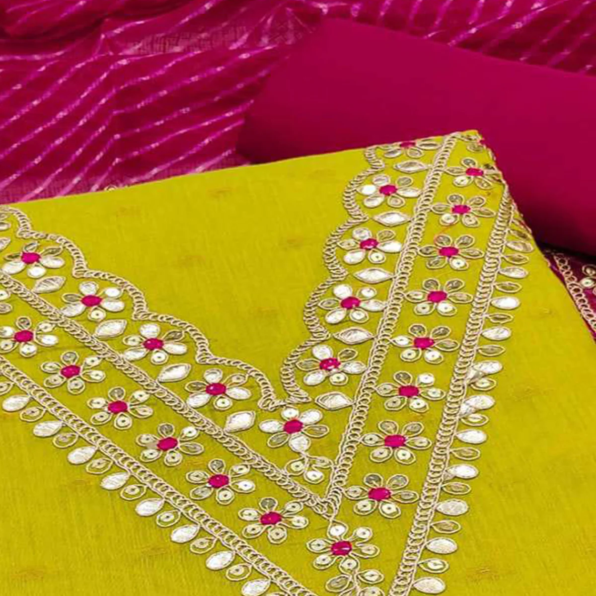 Green Woven With Sequins Embroidered Chanderi Dress Material - Image 2
