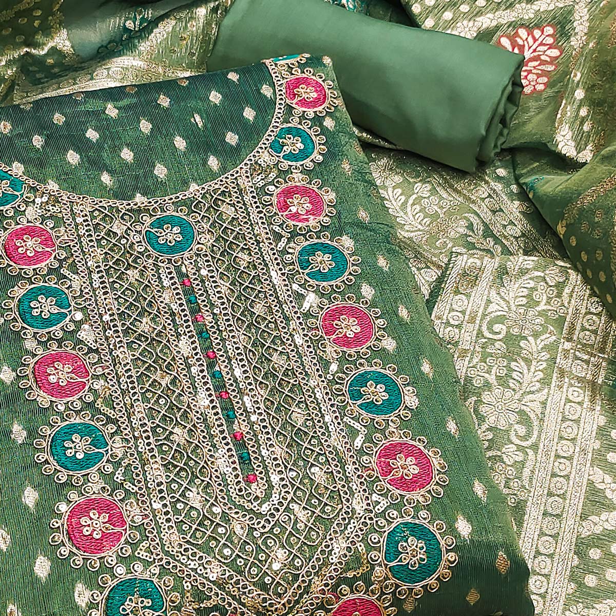 Green Woven With Sequins Work Jacquard Dress Material - Image 2