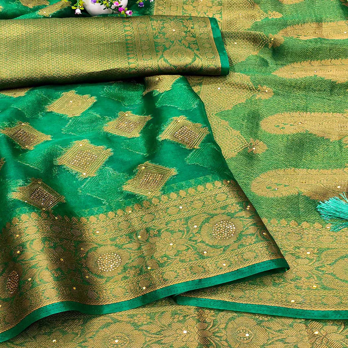 Green Woven With Stonework Organza Jacquard Saree - Image 2
