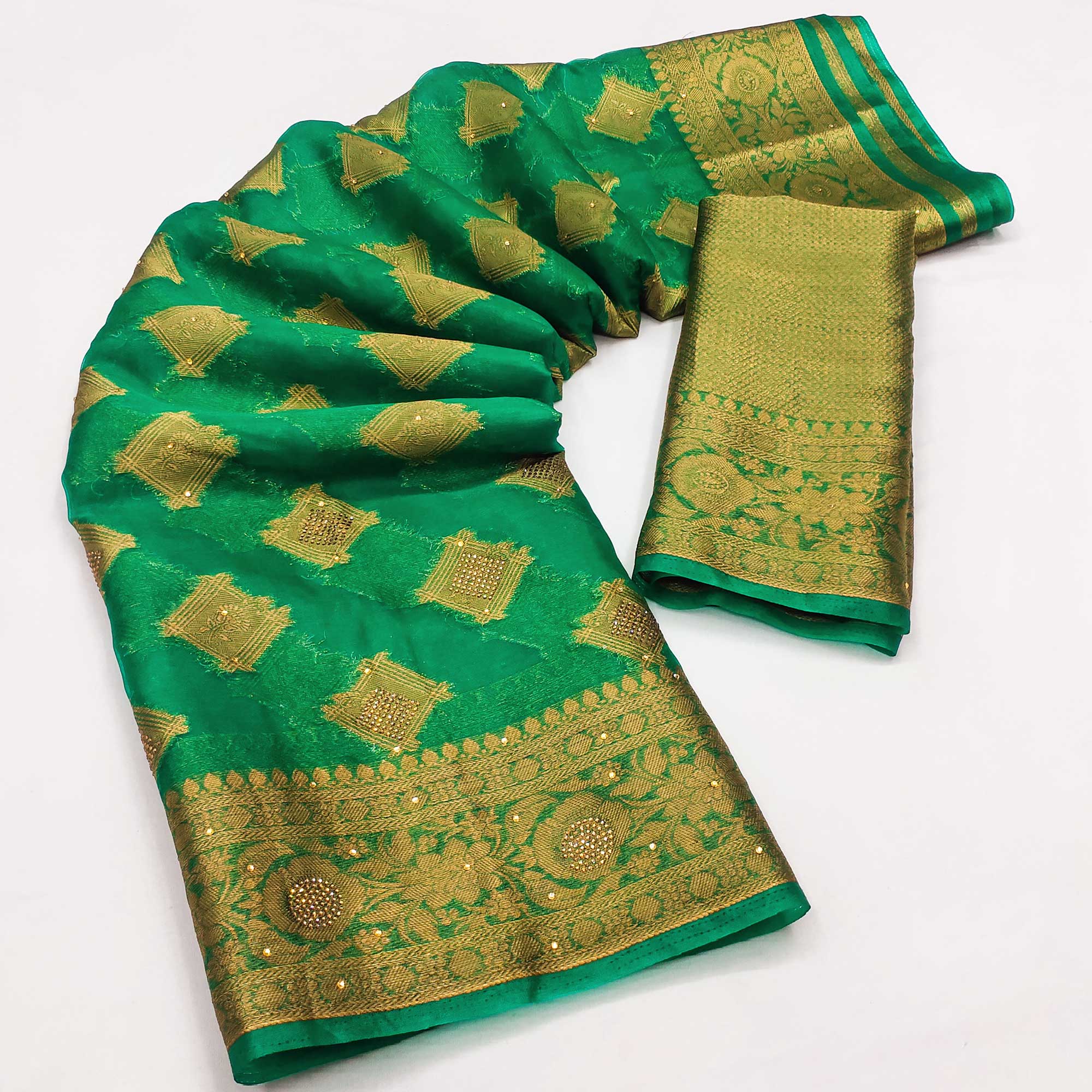 Green Woven With Stonework Organza Jacquard Saree - Image 3