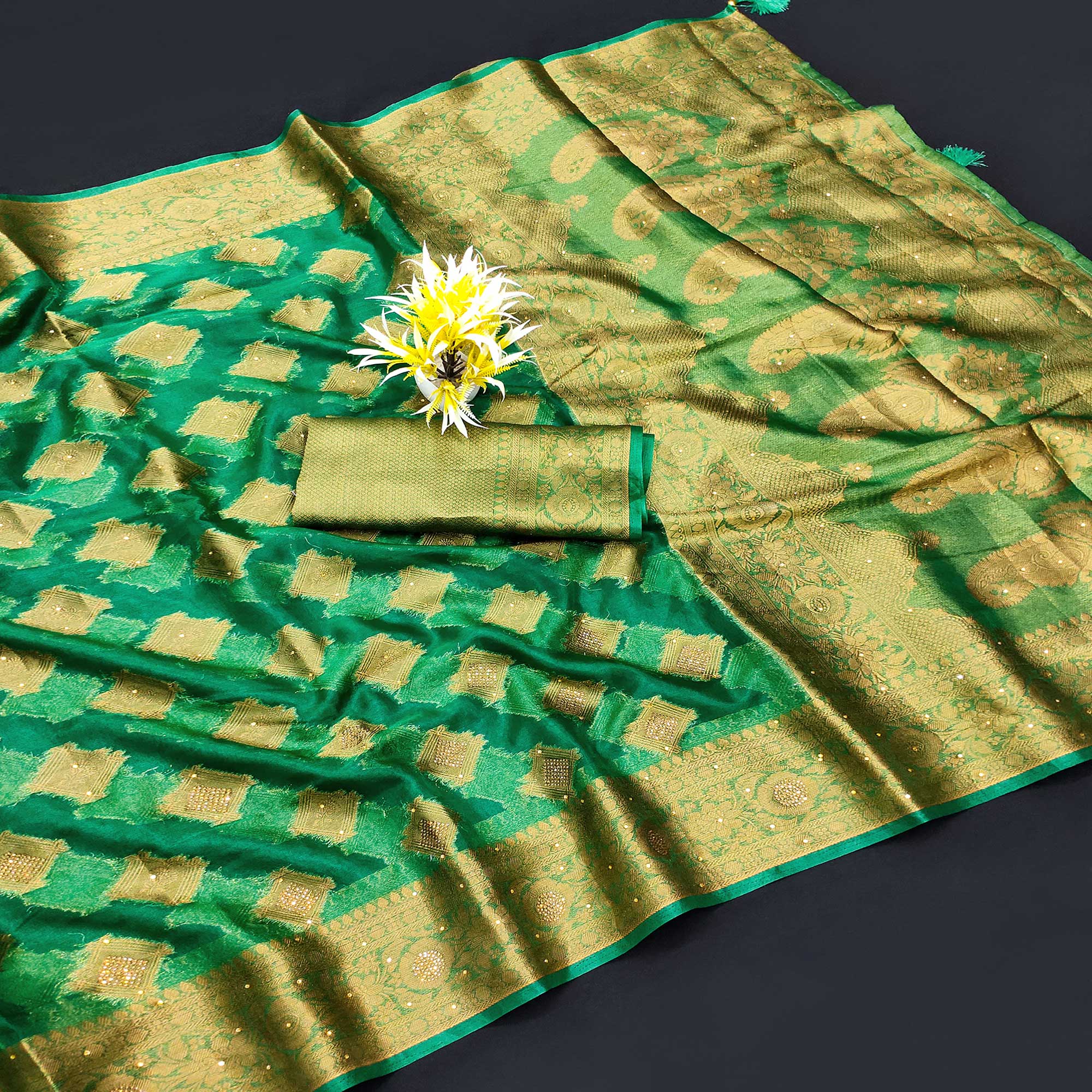 Green Woven With Stonework Organza Jacquard Saree - Image 4