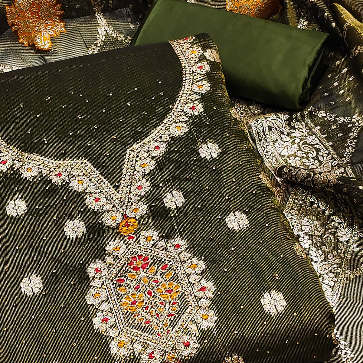 Green Woven With Stonework Shimmer Jacquard Dress Material - Image 2
