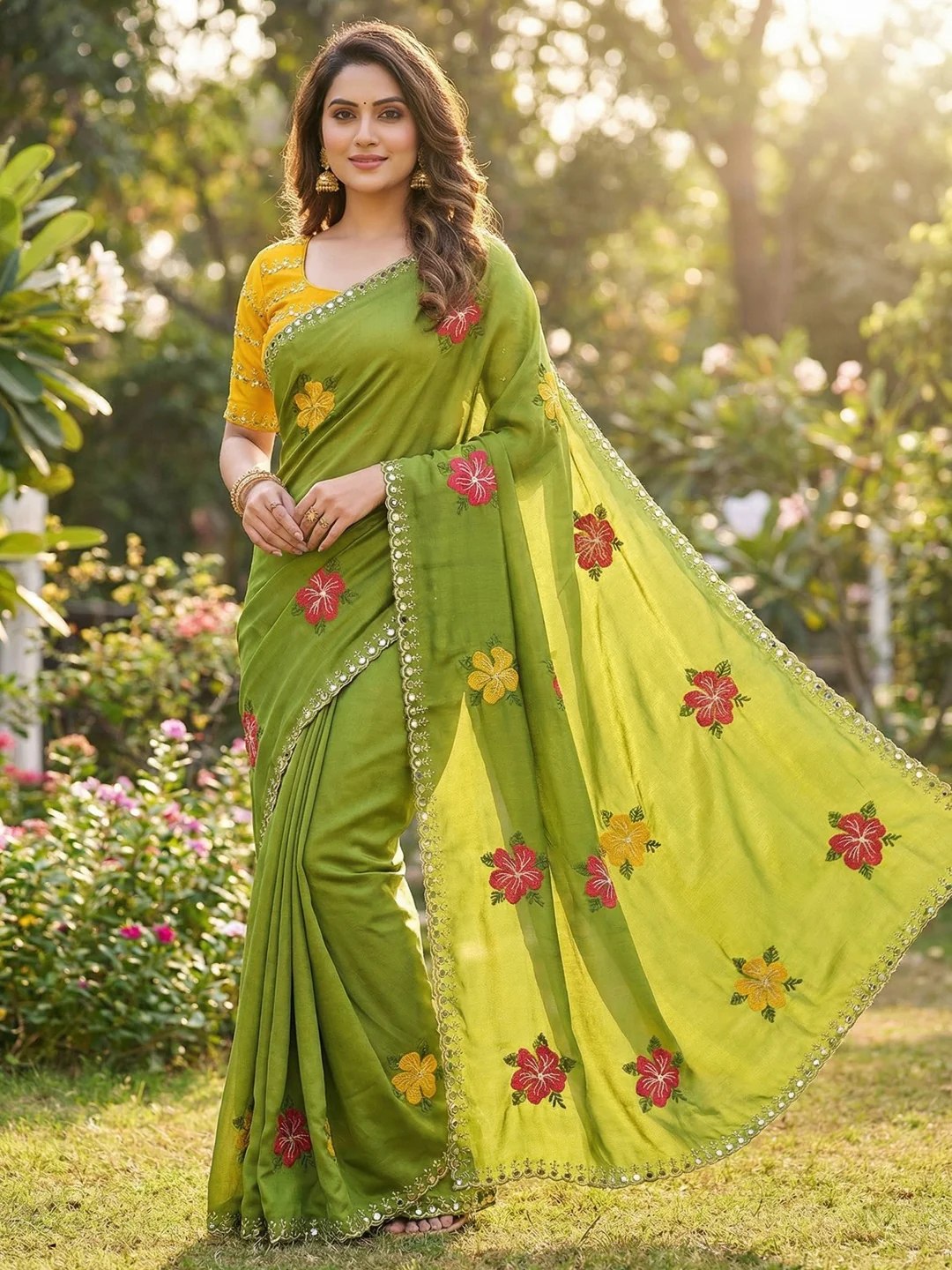 Green & Yellow Floral Thread Work Saree Viscose Beautiful Mirror Border Festive Glamour
